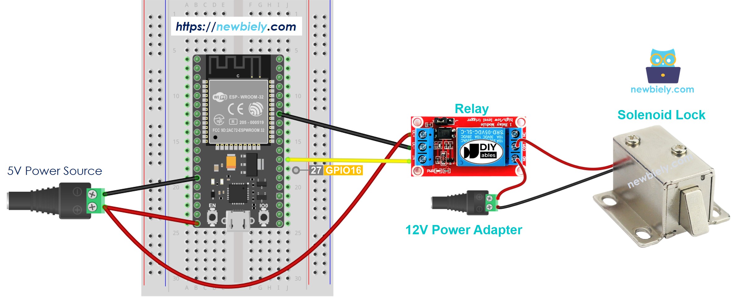 ESP32 마이크로파이썬 솔레노이드 잠금장치 배선도