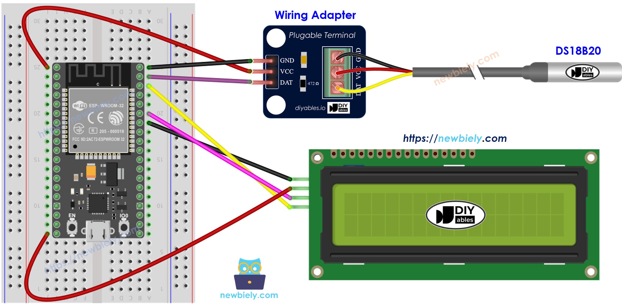 ESP32 마이크로파이썬 온도 센서 lcd 배선 다이어그램