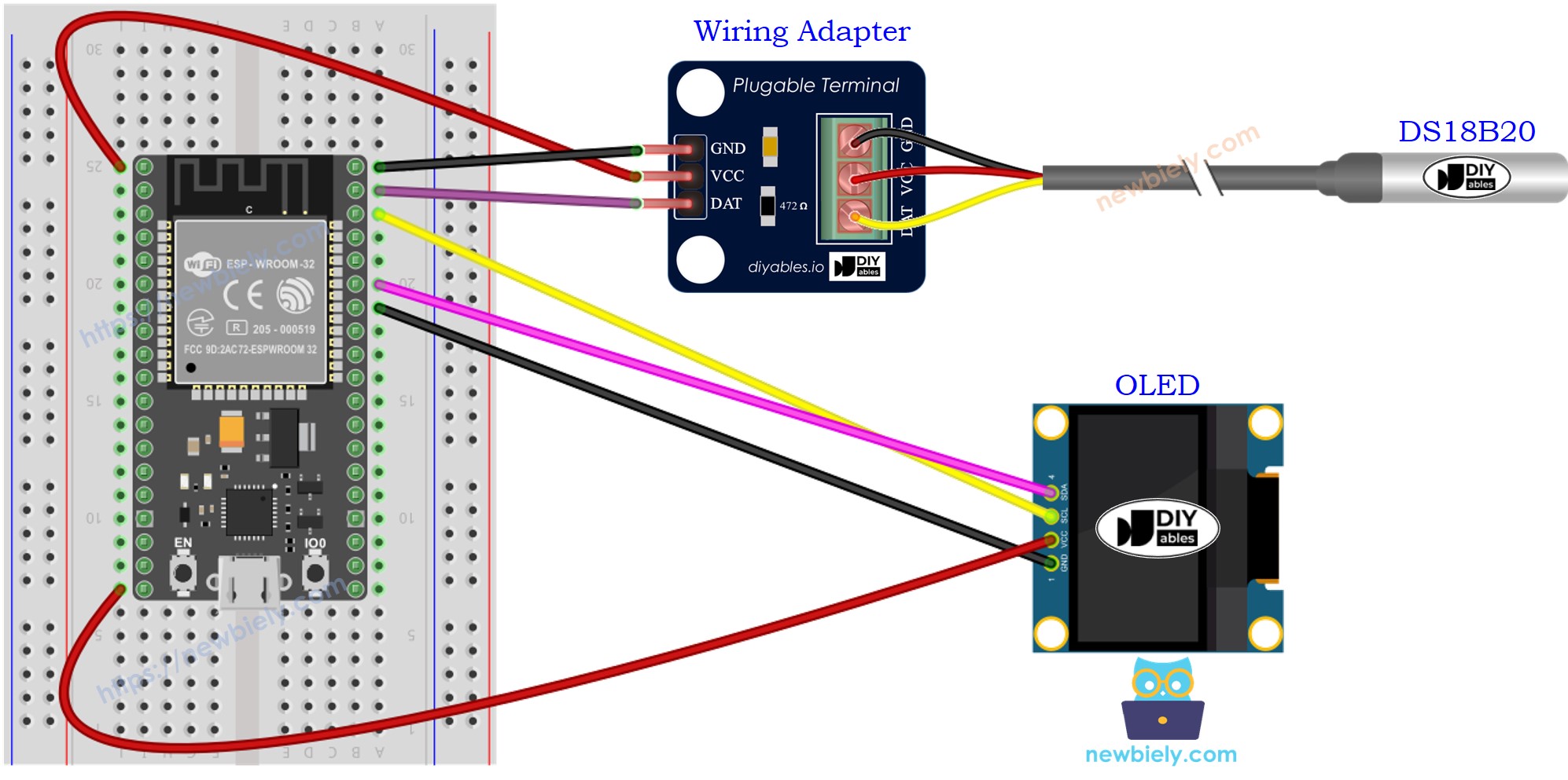 ESP32 마이크로파이썬 온도 센서 oLED 배선도