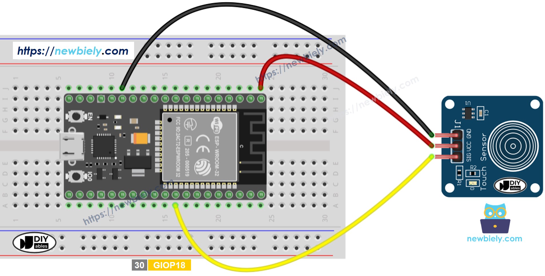 ESP32 마이크로파이썬 터치 센서 배선도