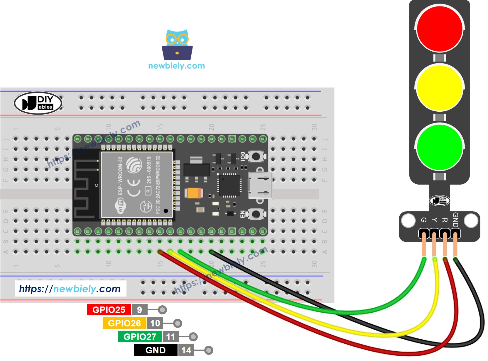 ESP32 마이크로파이썬 신호등 배선도