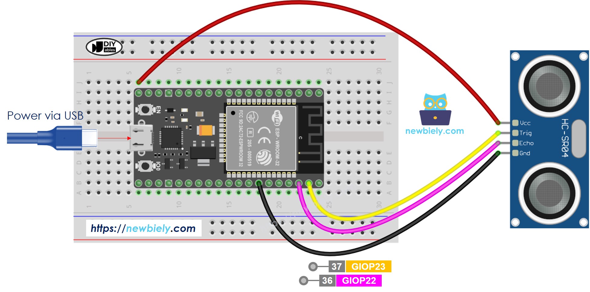 ESP32 마이크로파이썬 초음파 센서 배선도