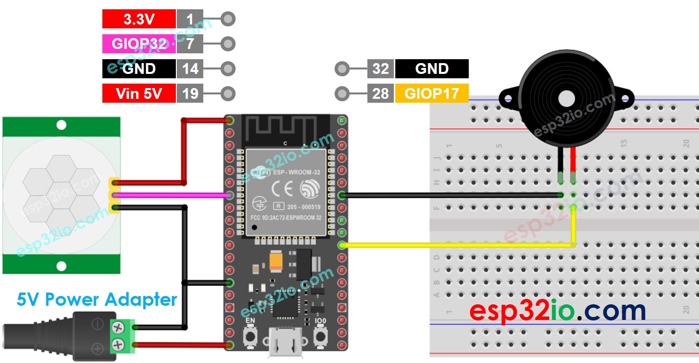 ESP32 Motion Sensor Piezo Buzzer Wiring Diagram 5v power adapter