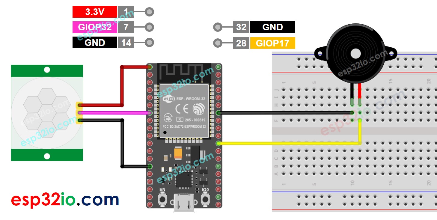 ESP32 Motion Sensor Piezo Buzzer Wiring Diagram