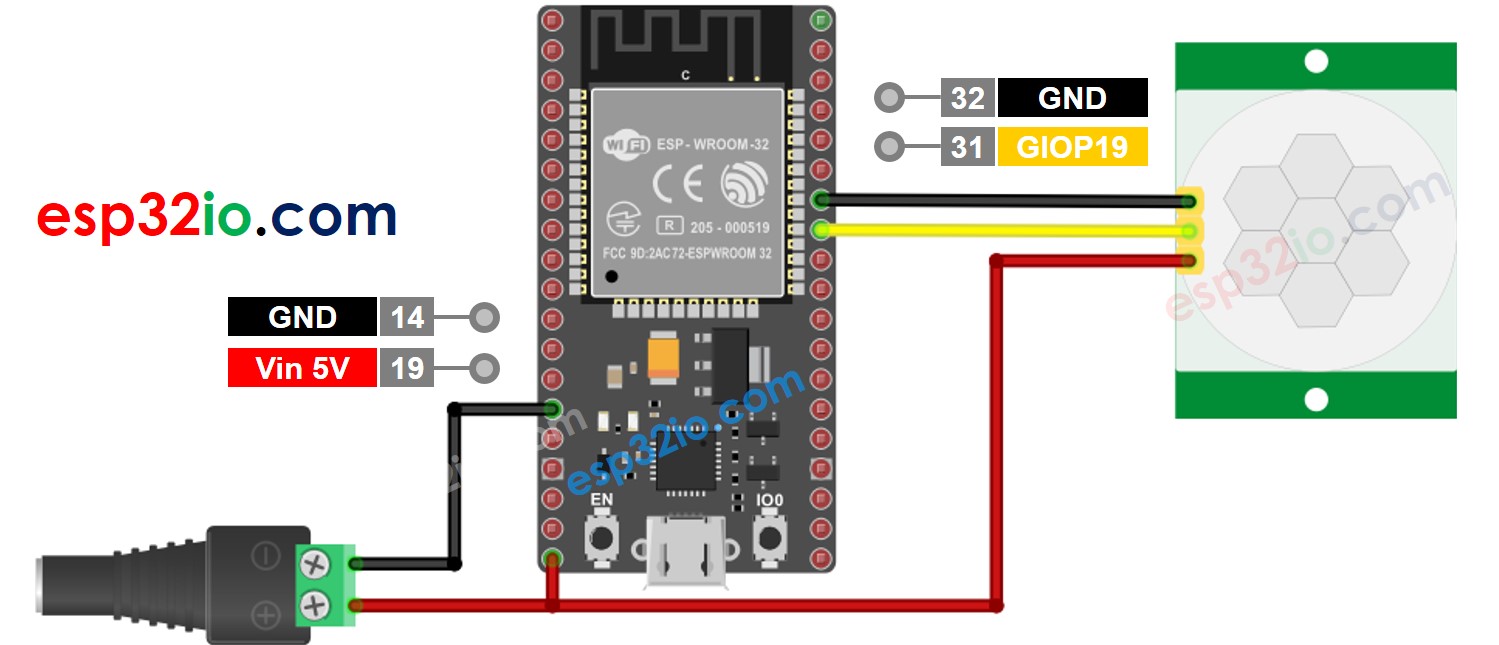 ESP32 Motion Sensor Wiring Diagram with power adapter