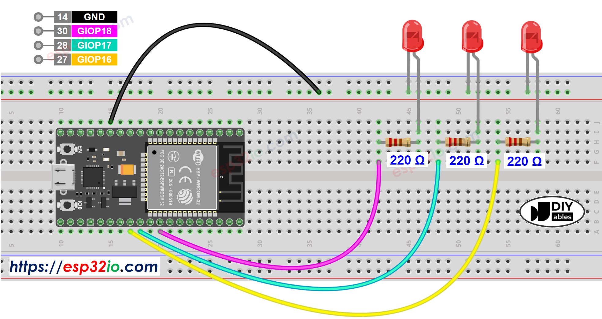 ESP32 multiple LED Wiring Diagram