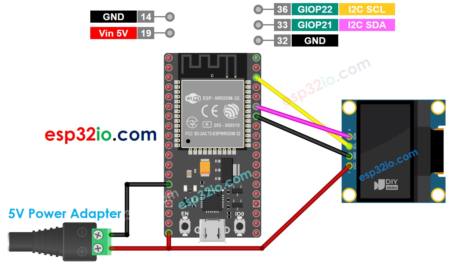 ESP32 OLED Wiring Diagram with power adapter