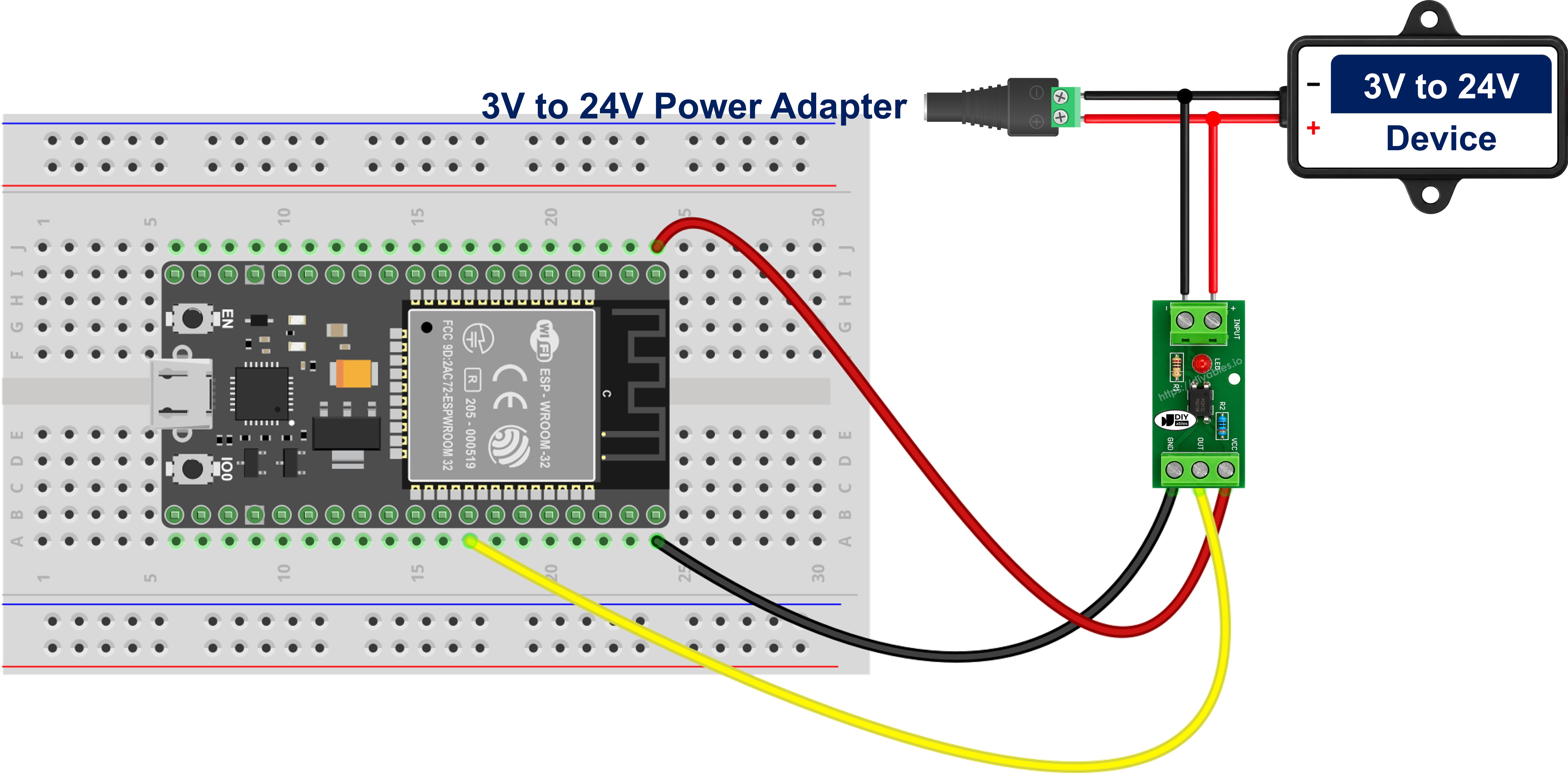 브레드보드에서의 ESP32 pc817 옵토커플러 모듈 배선도
