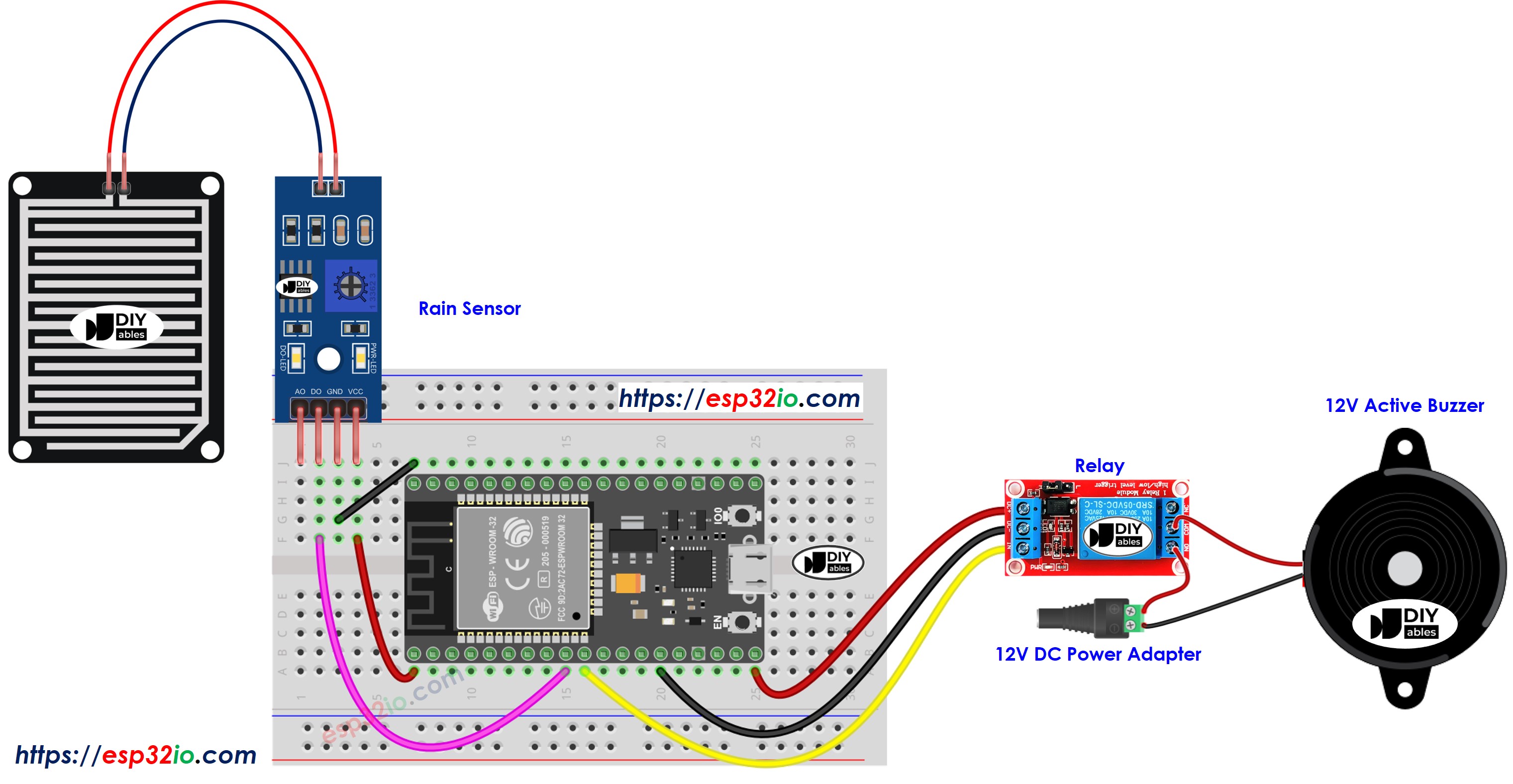 ESP32 Rain Sensor 12V Buzzer Wiring Diagram