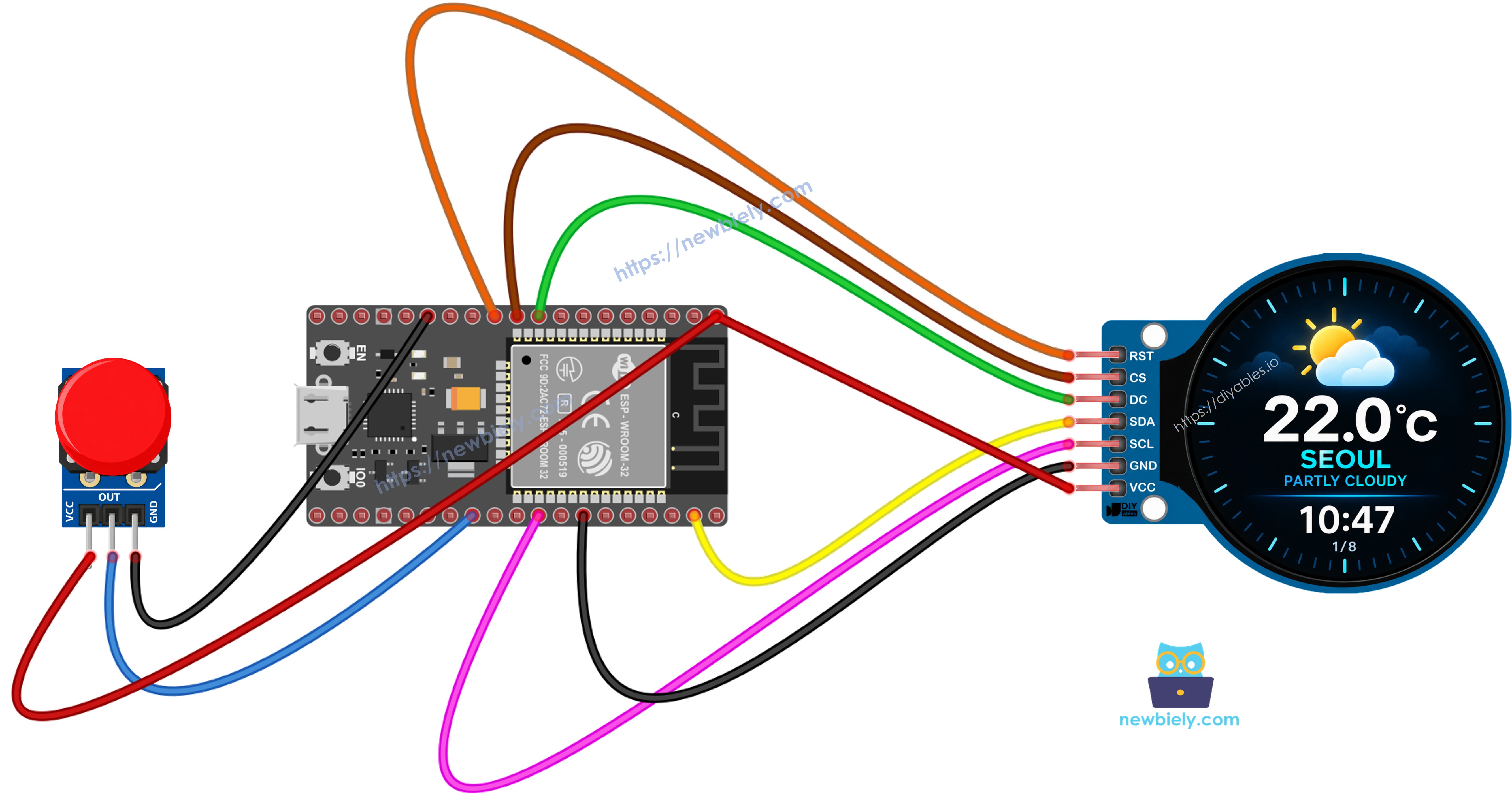 버튼 모듈을 사용한 ESP32 스마트 기상 관측소 배선도