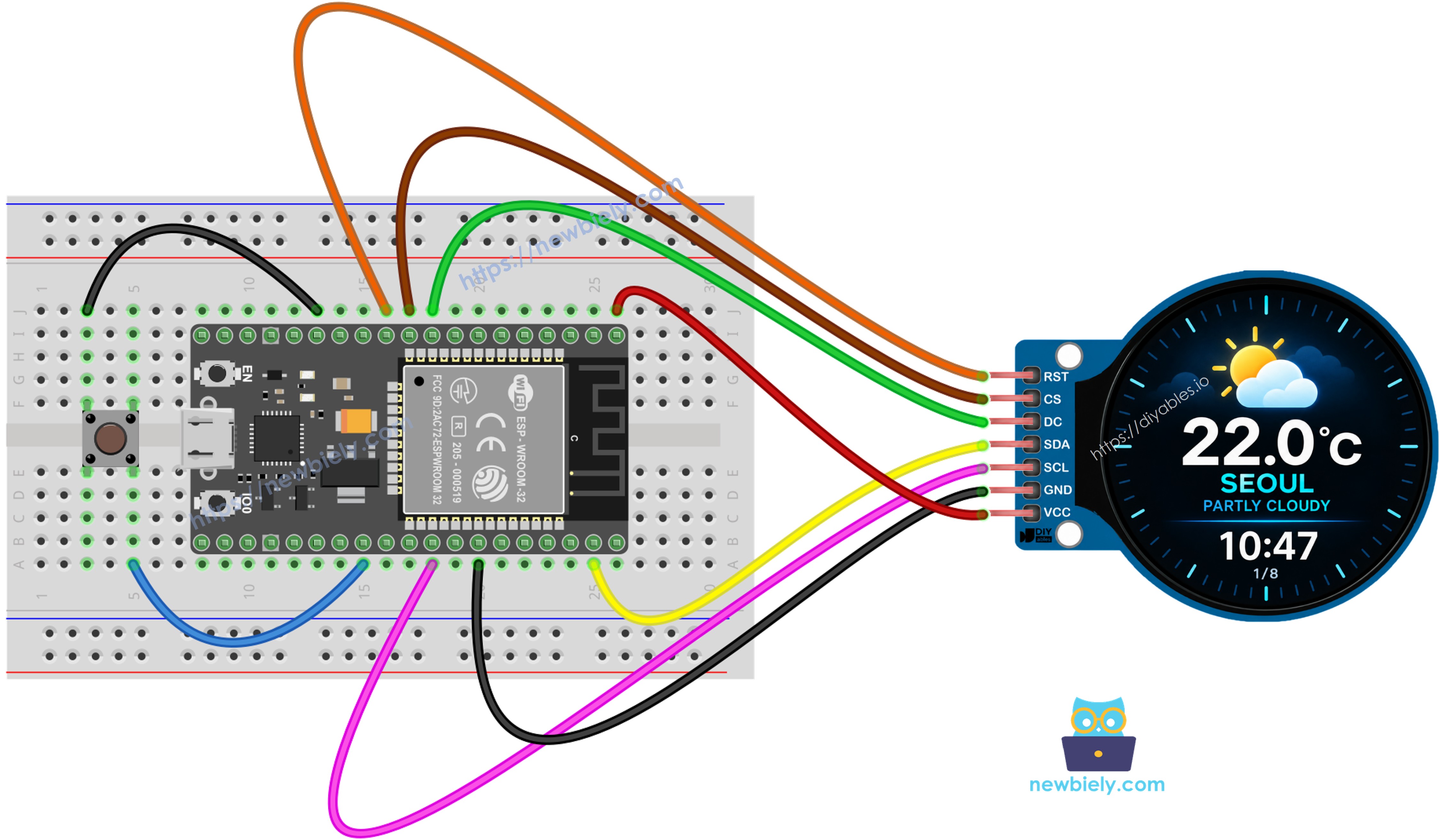 푸시 버튼을 사용한 ESP32 스마트 기상 관측소 배선도