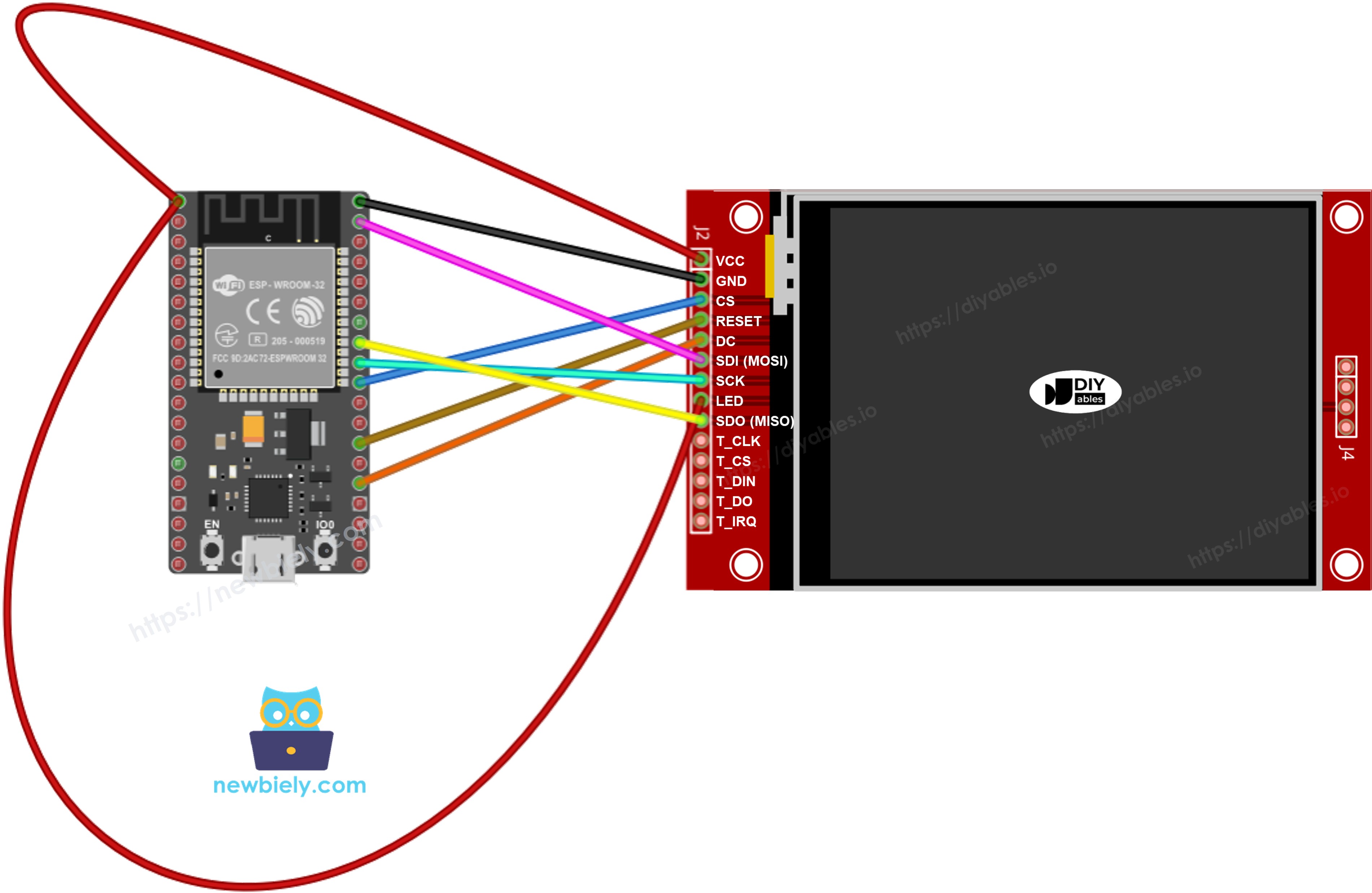 터치 없는 ESP32 tft spi 디스플레이 배선 다이어그램