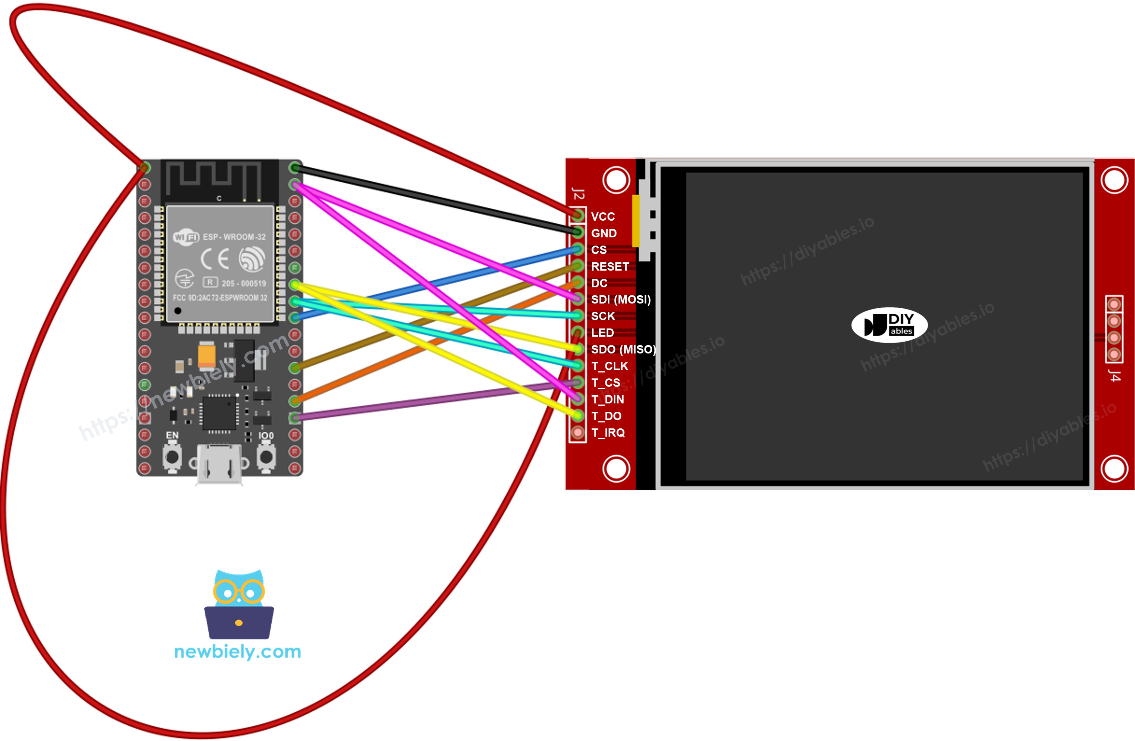 터치 포함 ESP32 tft spi 디스플레이 배선 다이어그램