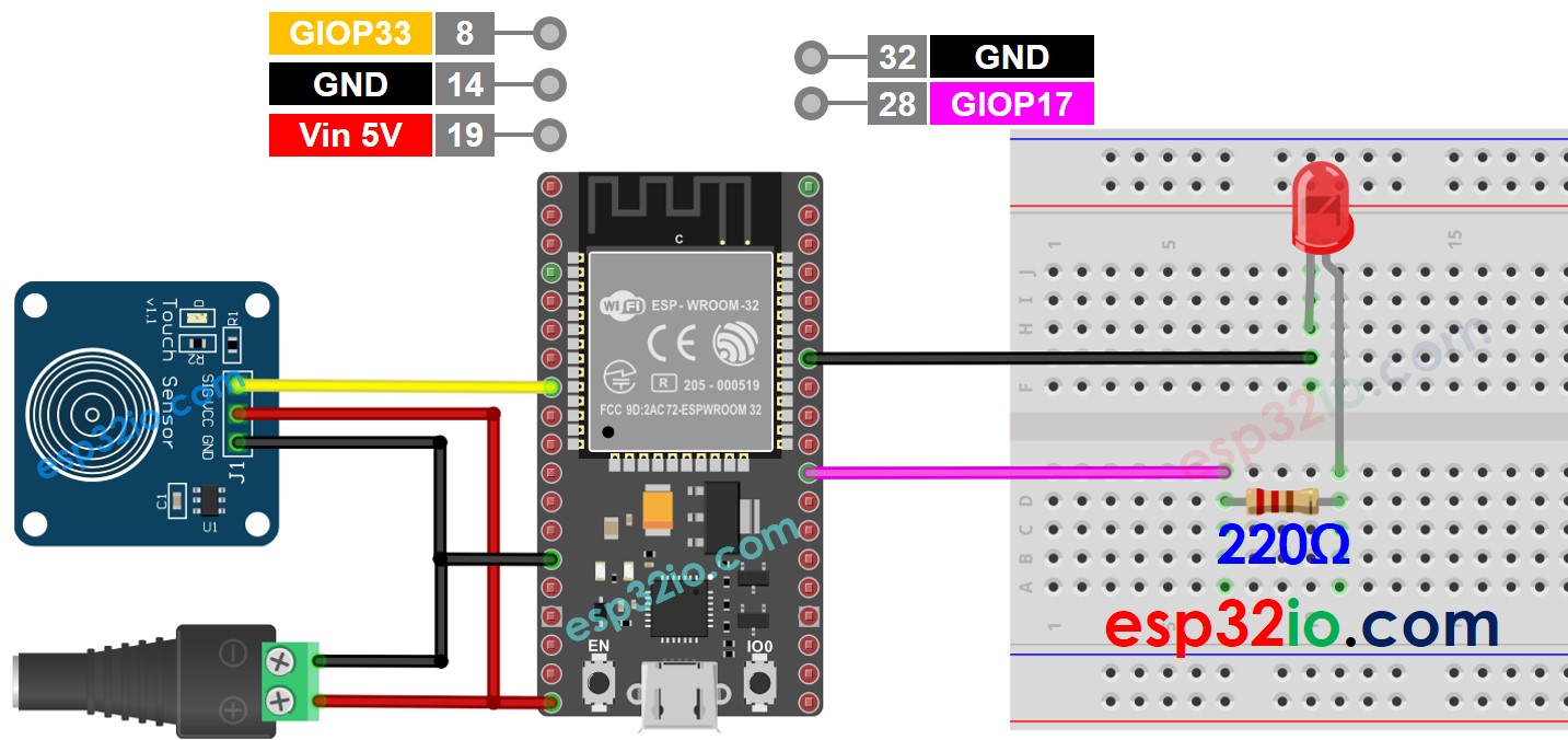 ESP32 Touch Sensor LED Wiring Diagram 5v power source