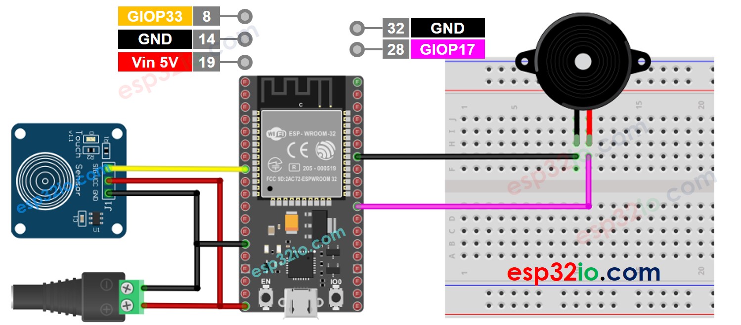 ESP32 Touch Sensor Piezo Buzzer Wiring Diagram 5v power source