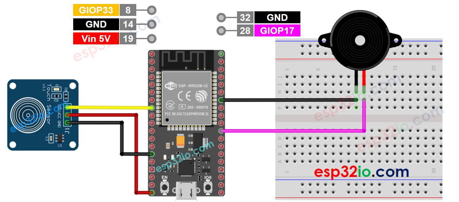 ESP32 Touch Sensor Piezo Buzzer Wiring Diagram