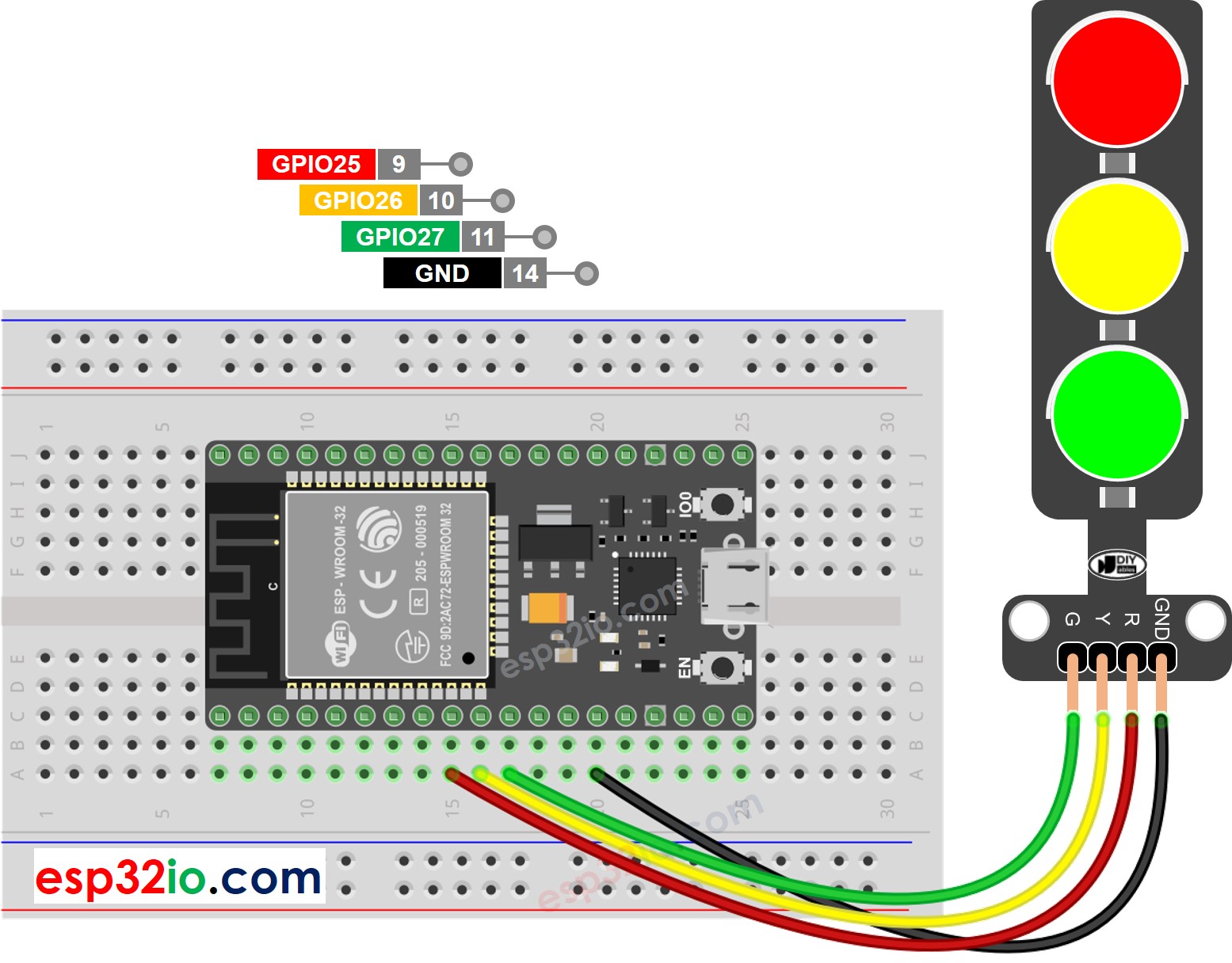 ESP32 traffic signal Wiring Diagram