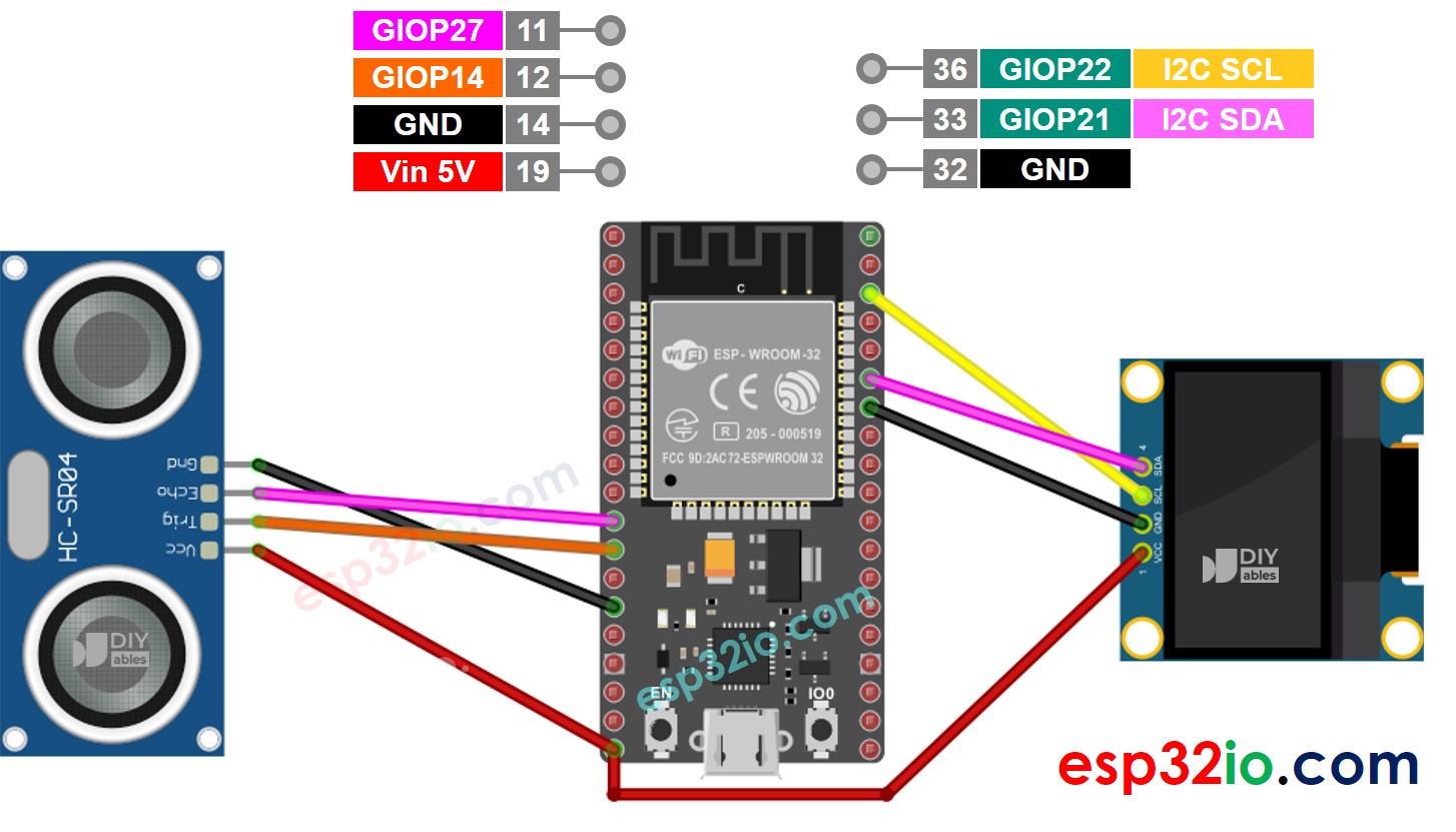 ESP32 Ultrasonic sensor OLED wiring diagram