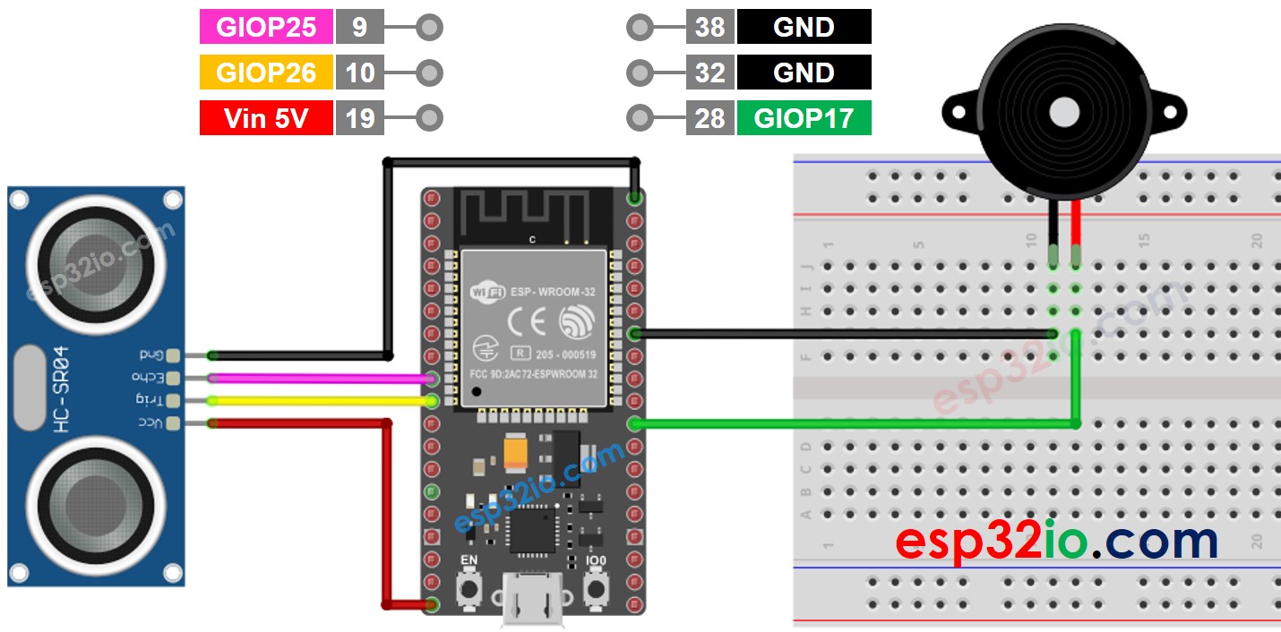 ESP32 Ultrasonic Sensor Piezo Buzzer Wiring Diagram