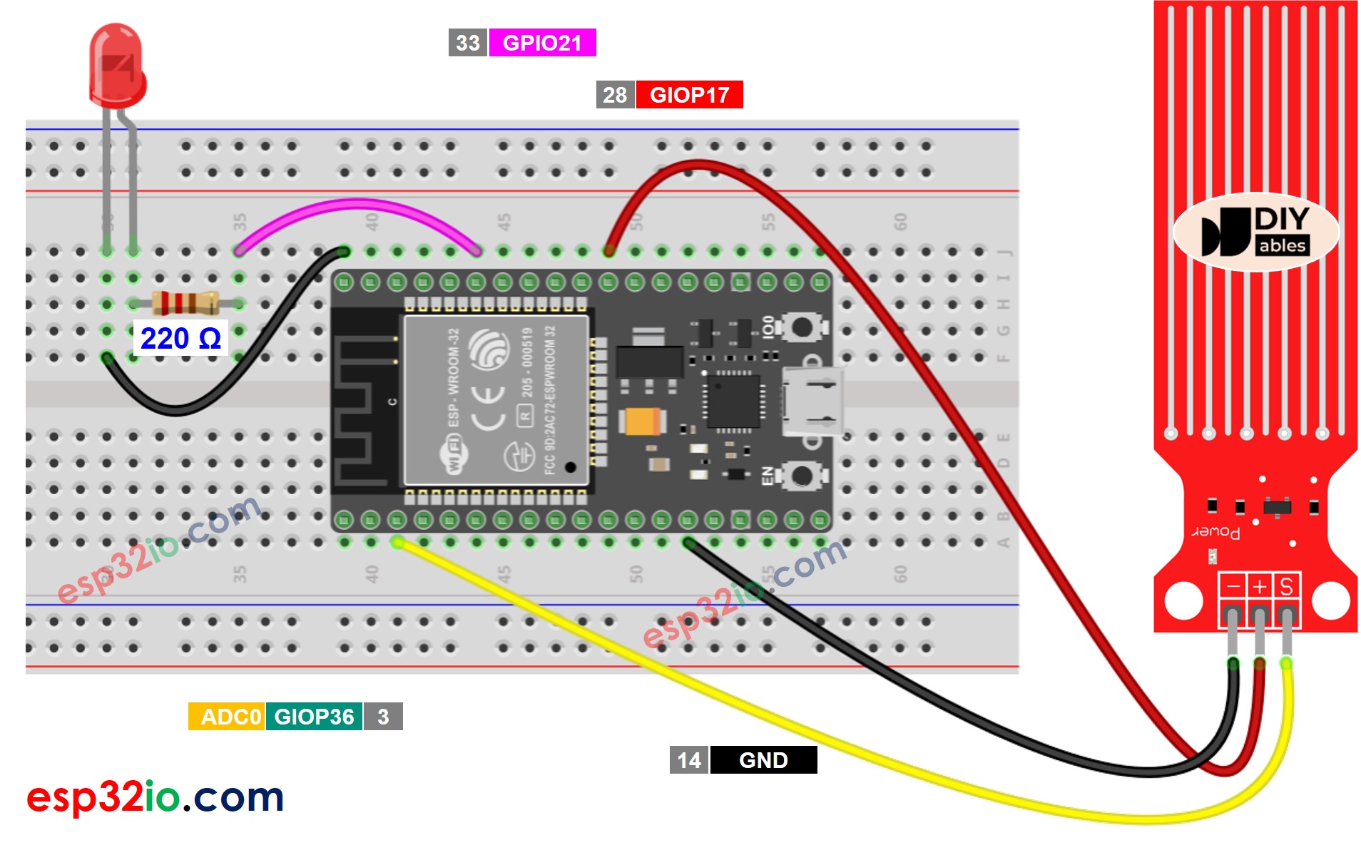 ESP32 Water Sensor LED wiring diagram