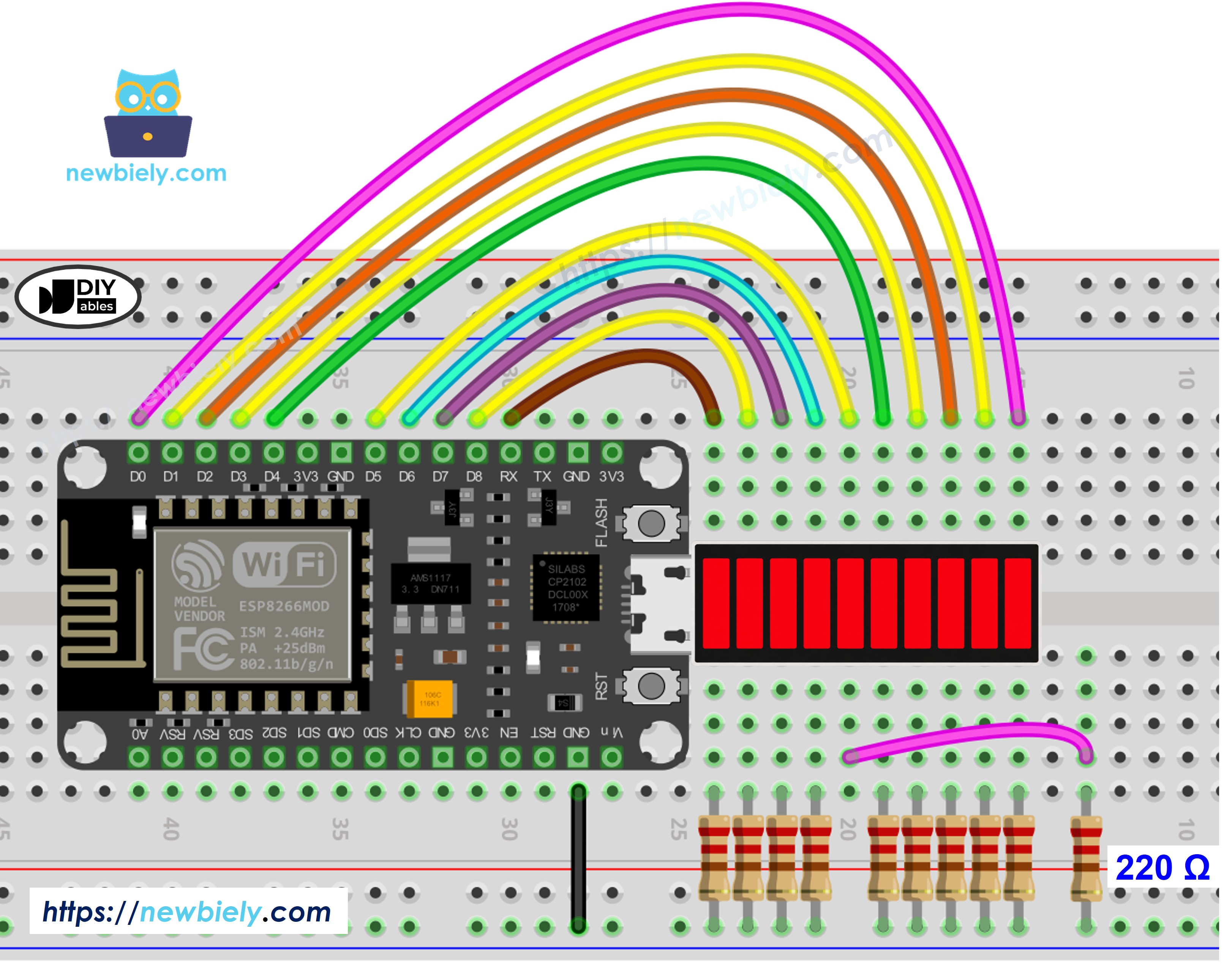 ESP8266 NodeMCU nodemcu와 10세그먼트 LED 바 그래프 배선도