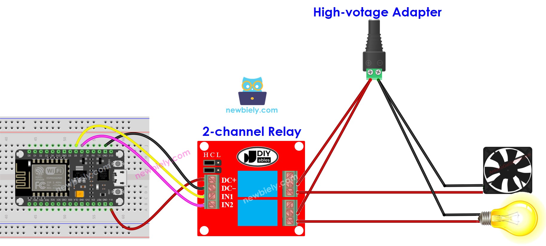 ESP8266 NodeMCU 2-channel relay module wiring diagram