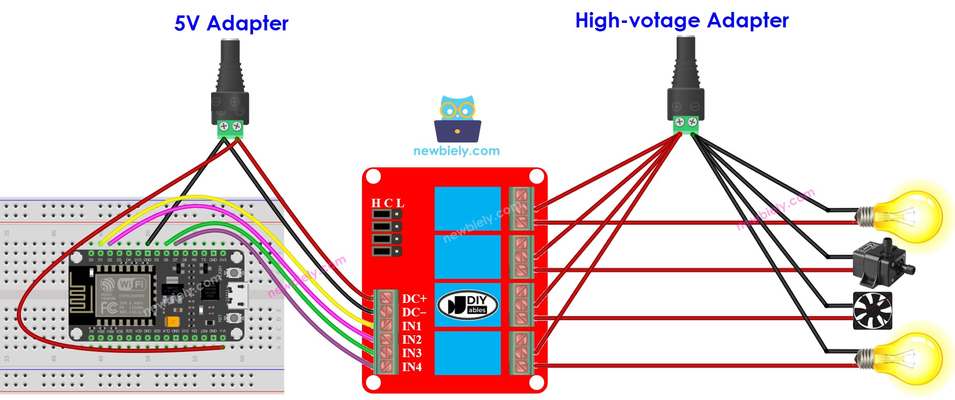 ESP8266 NodeMCU 4-channel relay module wiring diagram two power source