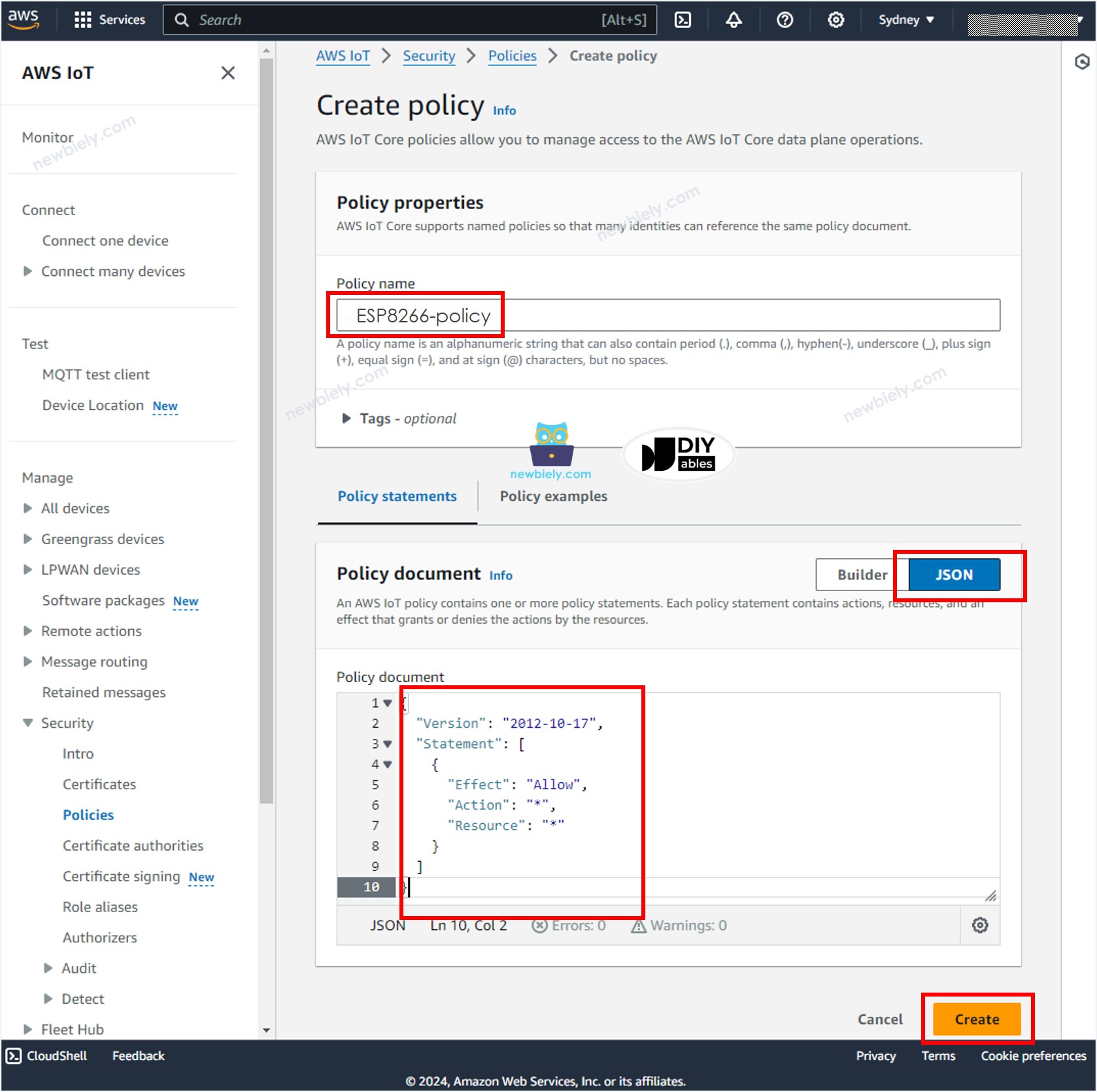 AWS IoT Core Create policy ESP8266 NodeMCU