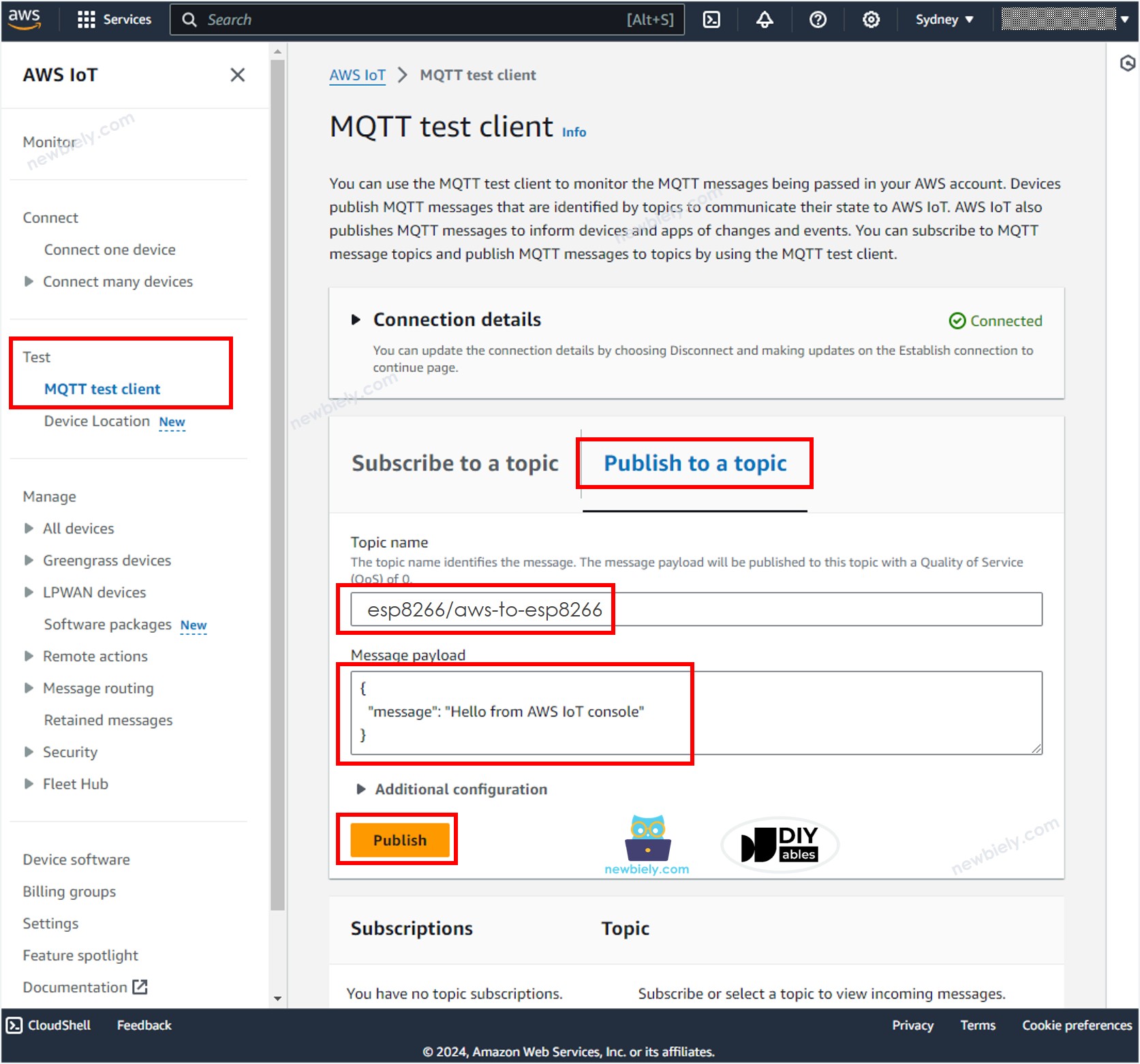 AWS IoT MQTT Test Client ESP8266 NodeMCU