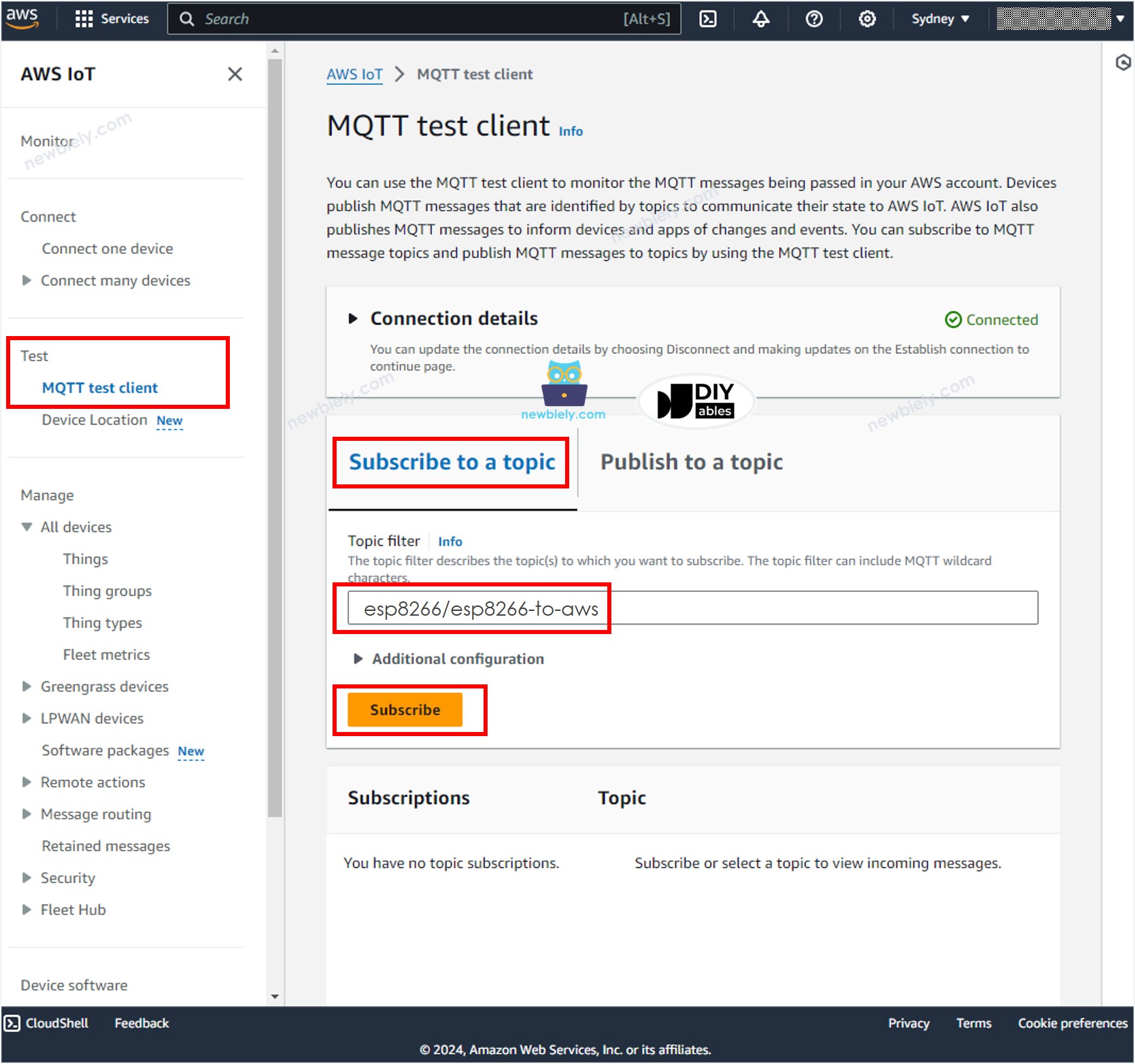 AWS IoT MQTT Test Client ESP8266 NodeMCU