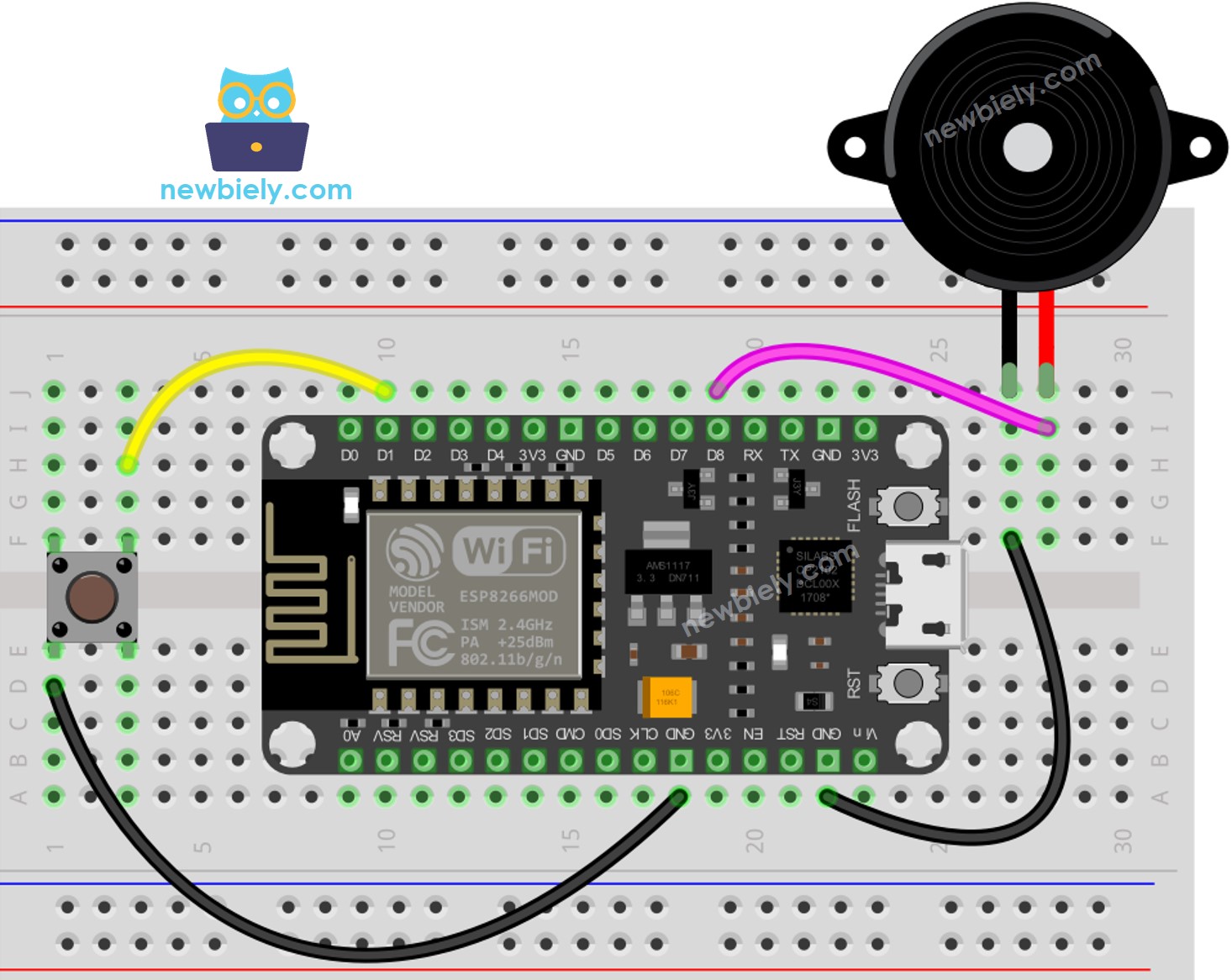 ESP8266 NodeMCU Button Piezo Buzzer wiring diagram