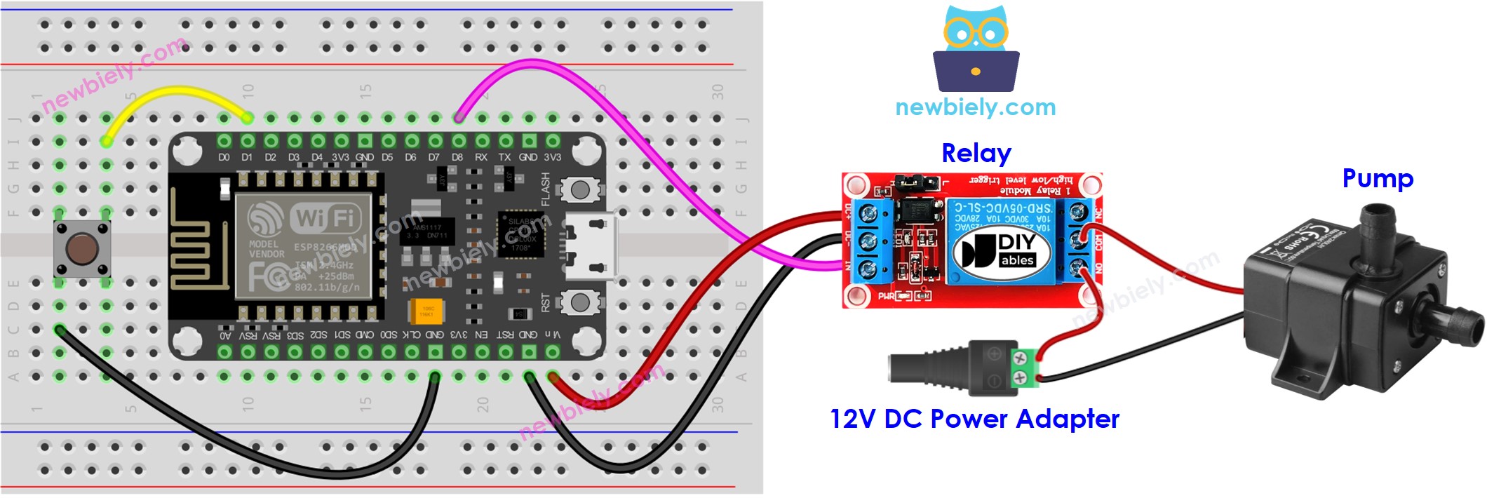 ESP8266 NodeMCU Button controls Pump wiring diagram