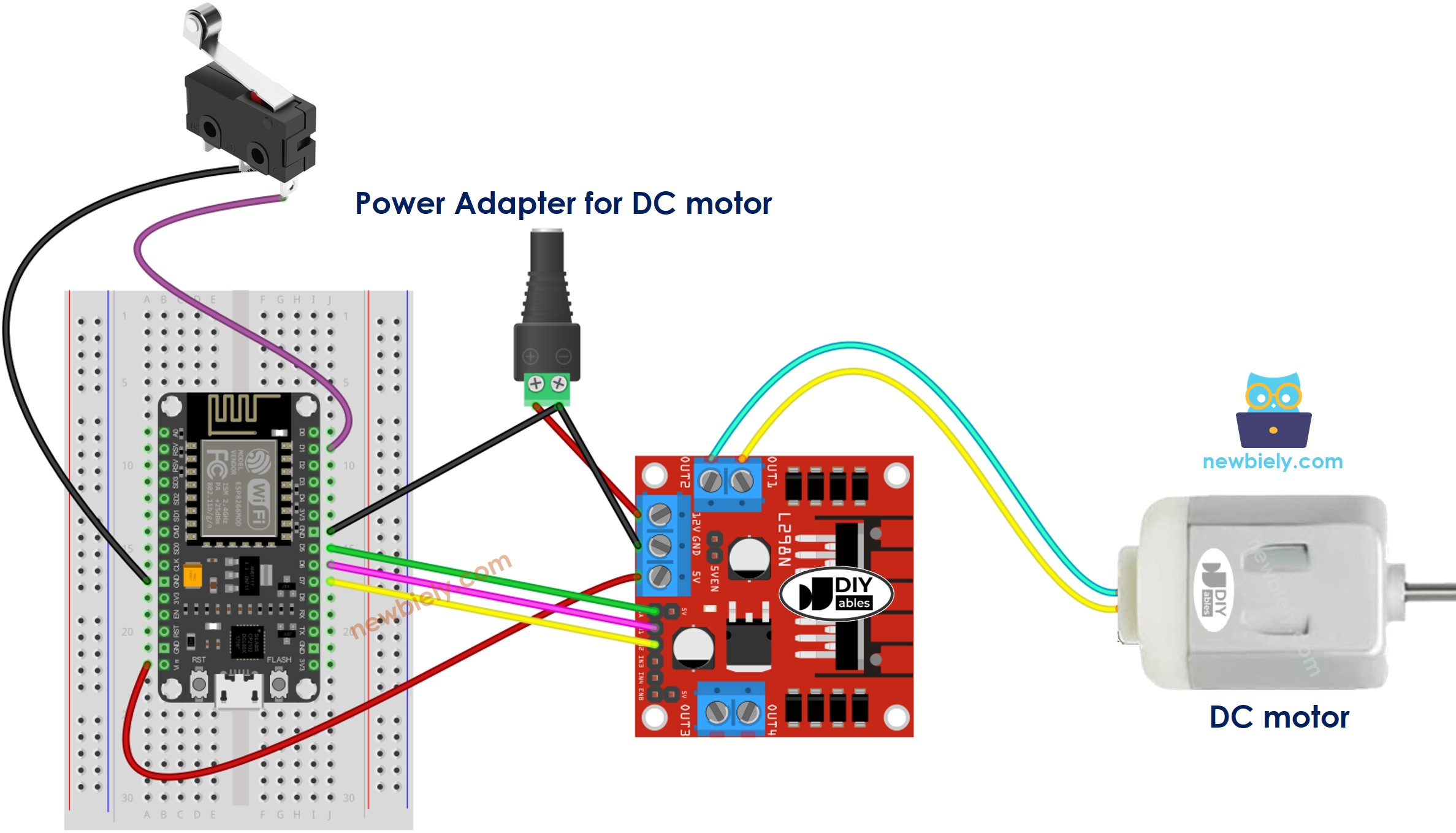 ESP8266 NodeMCU DC motor and limit switch wiring diagram