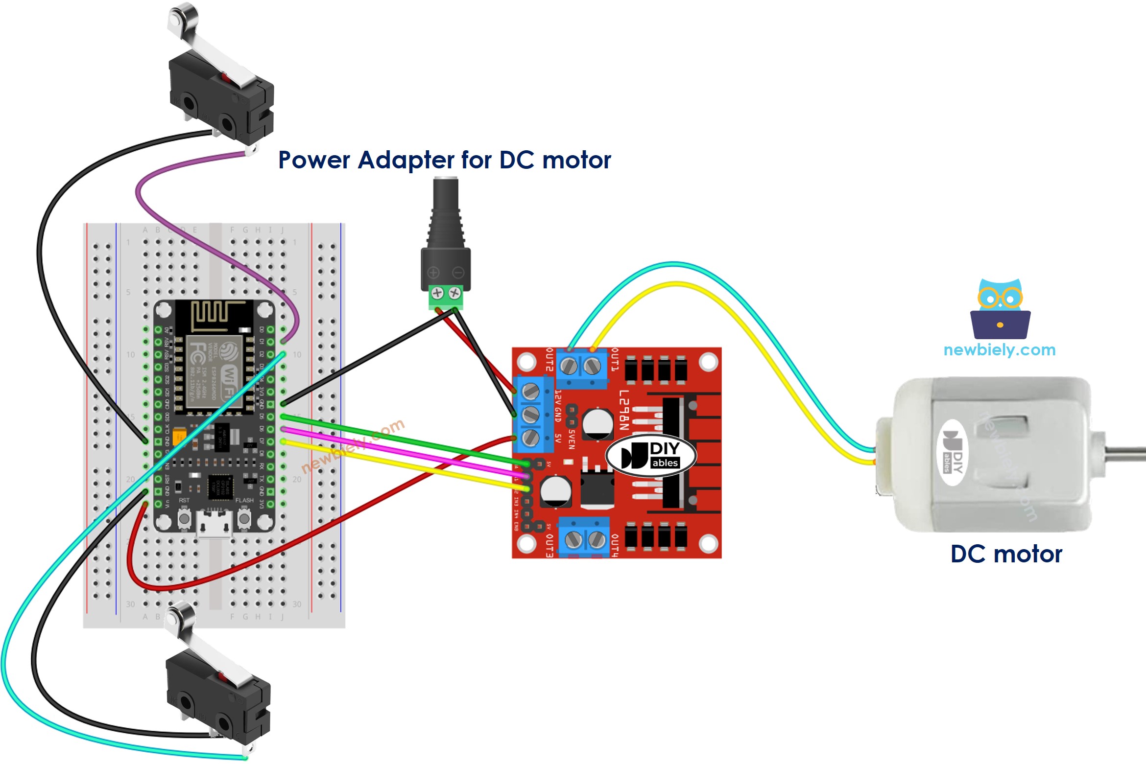 ESP8266 NodeMCU DC motor and two limit switches wiring diagram