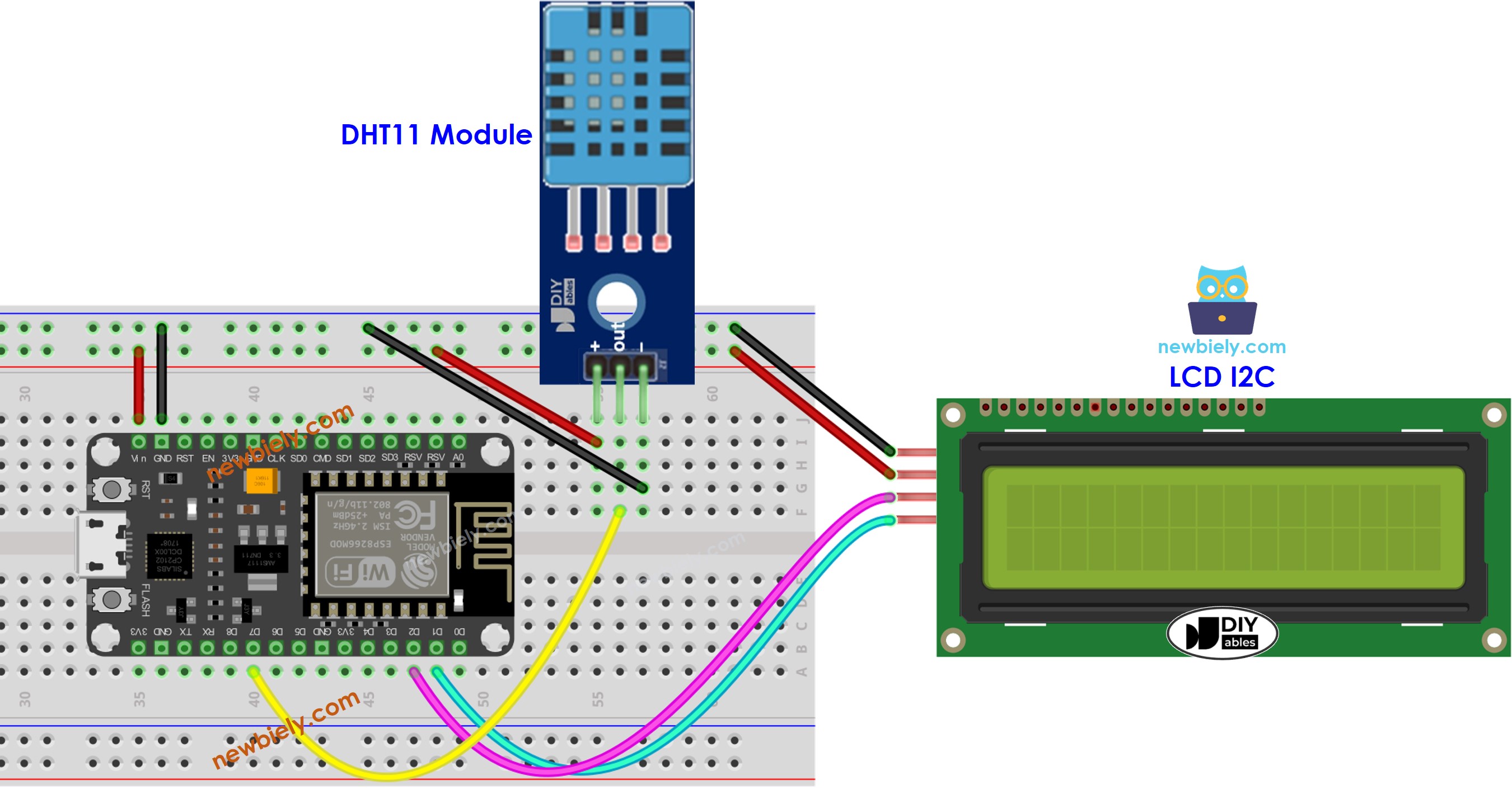 ESP8266 NodeMCU DHT11 temperature and humidity LCD wiring diagram