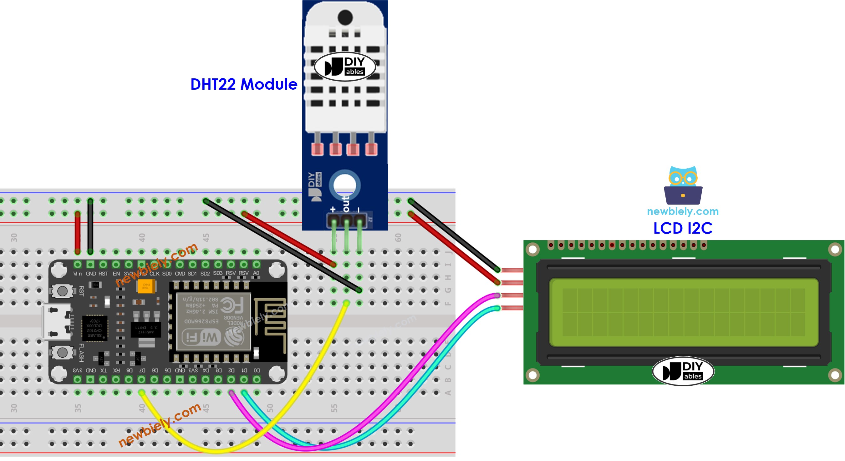 ESP8266 NodeMCU DHT22 temperature and humidity LCD wiring diagram