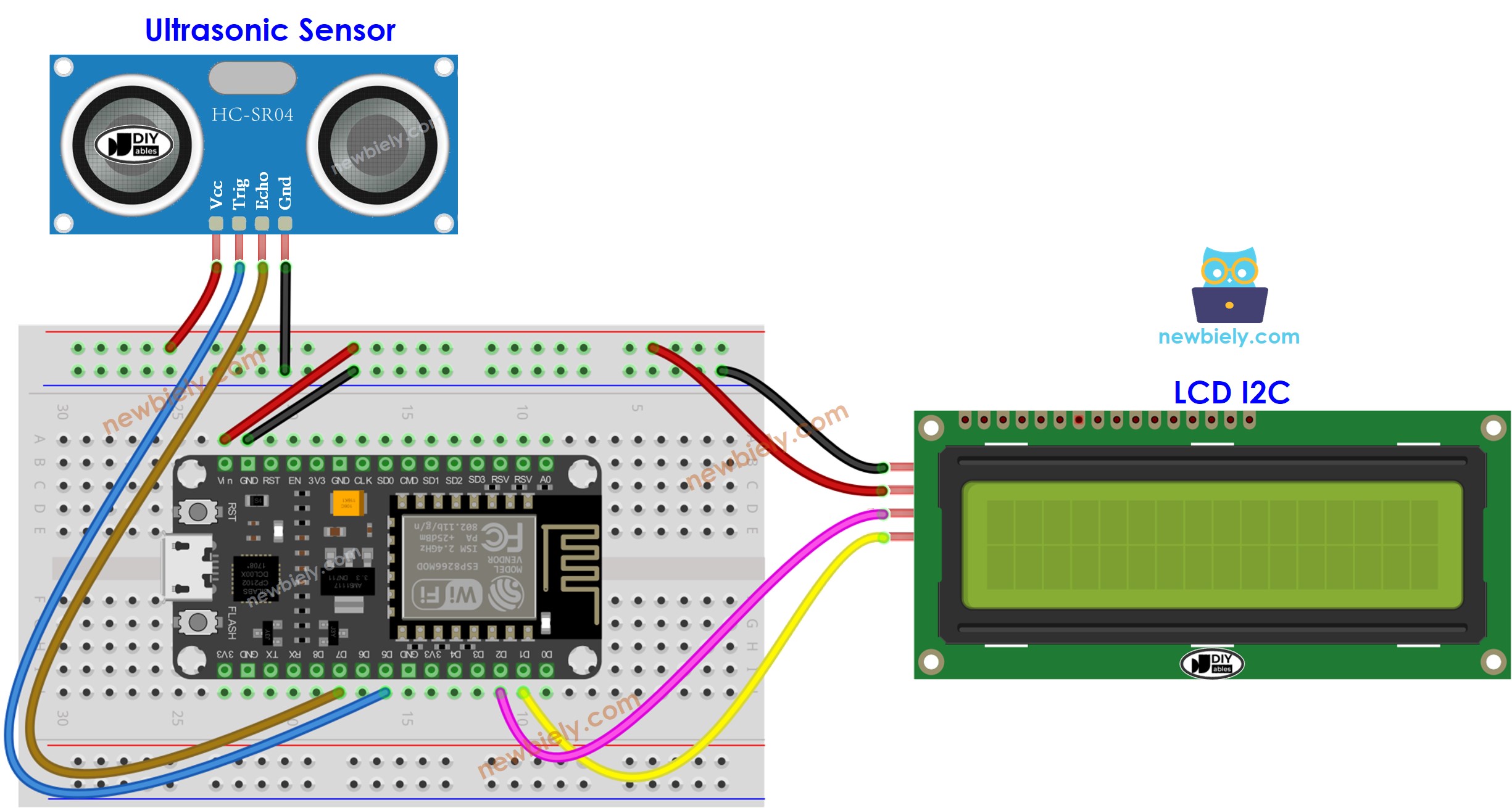 ESP8266 NodeMCU distance sensor LCD wiring diagram