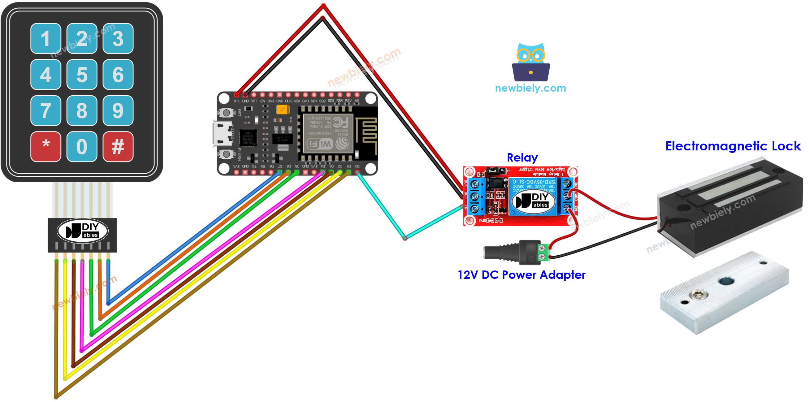 ESP8266 NodeMCU, keypad, electromagnetic lock wiring diagram