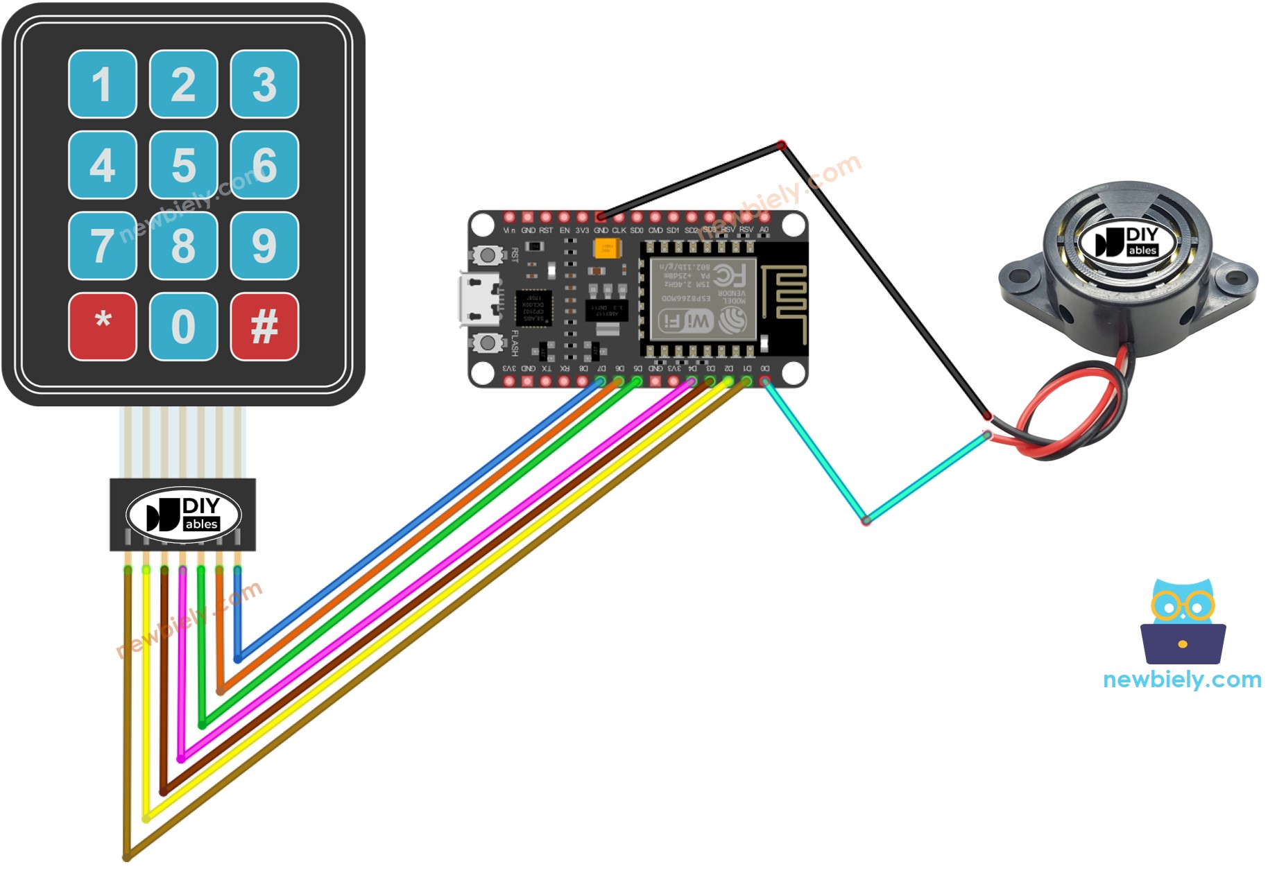 ESP8266 NodeMCU keypad piezo buzzer wiring diagram