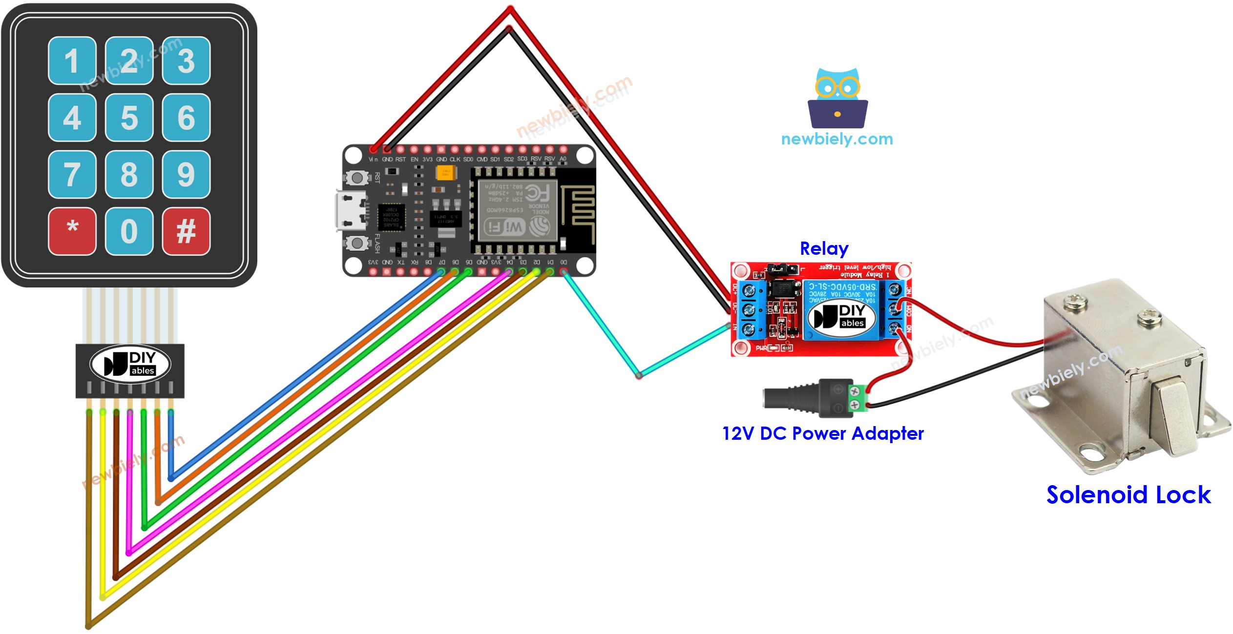 ESP8266 NodeMCU, keypad, solenoid lock wiring diagram