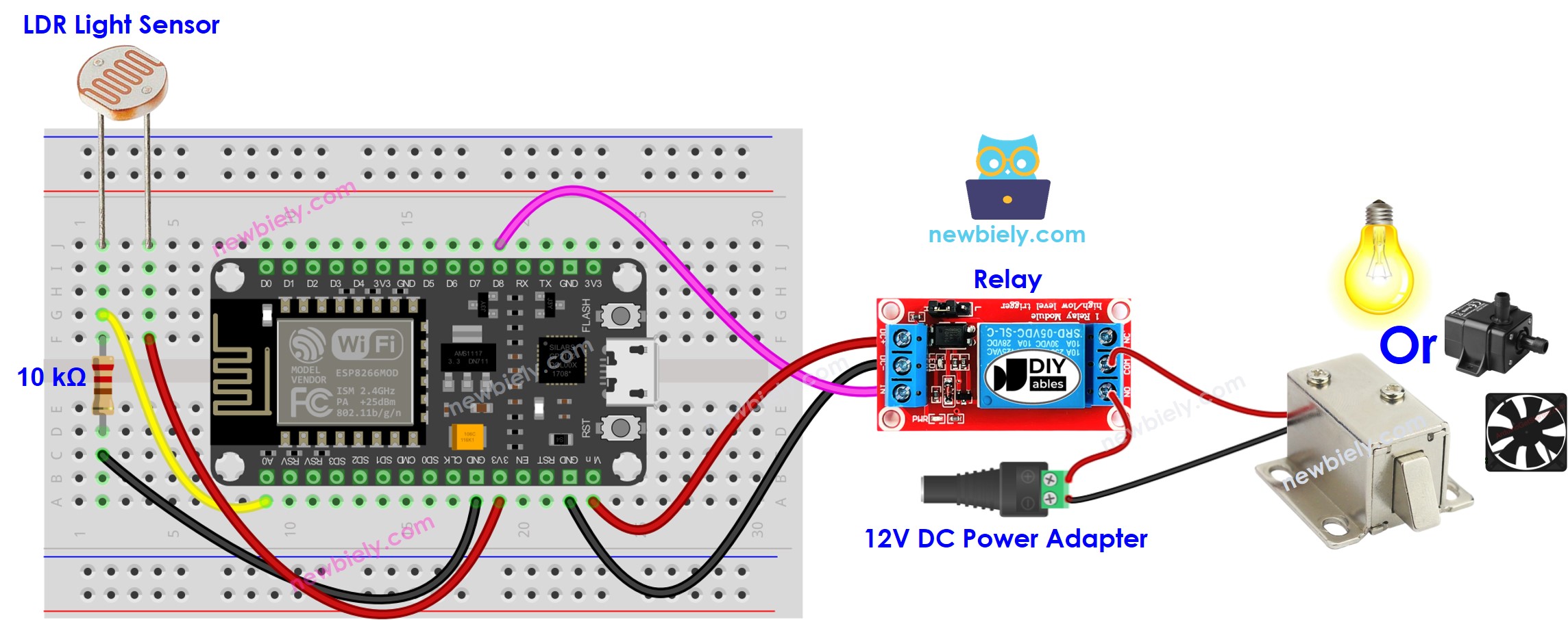 ESP8266 NodeMCU Light Sensor Relay Light Bulb wiring diagram