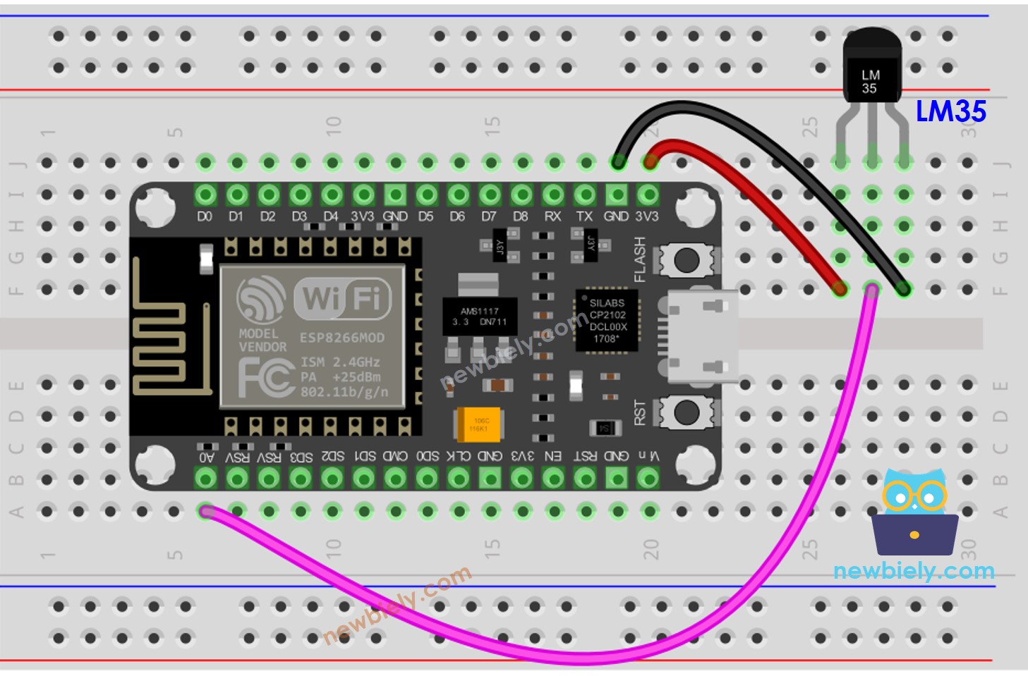 ESP8266 NodeMCU LM35 temperature sensor wiring diagram