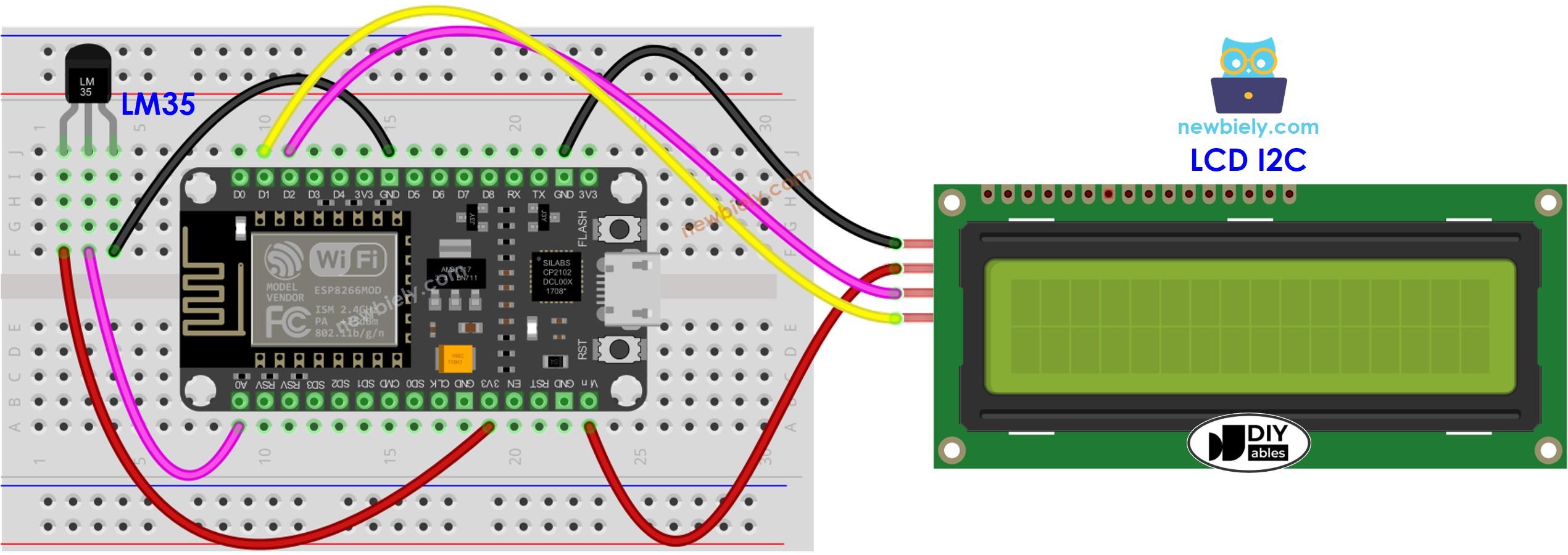 ESP8266 NodeMCU LM35 Temperature Sensor LCD wiring diagram