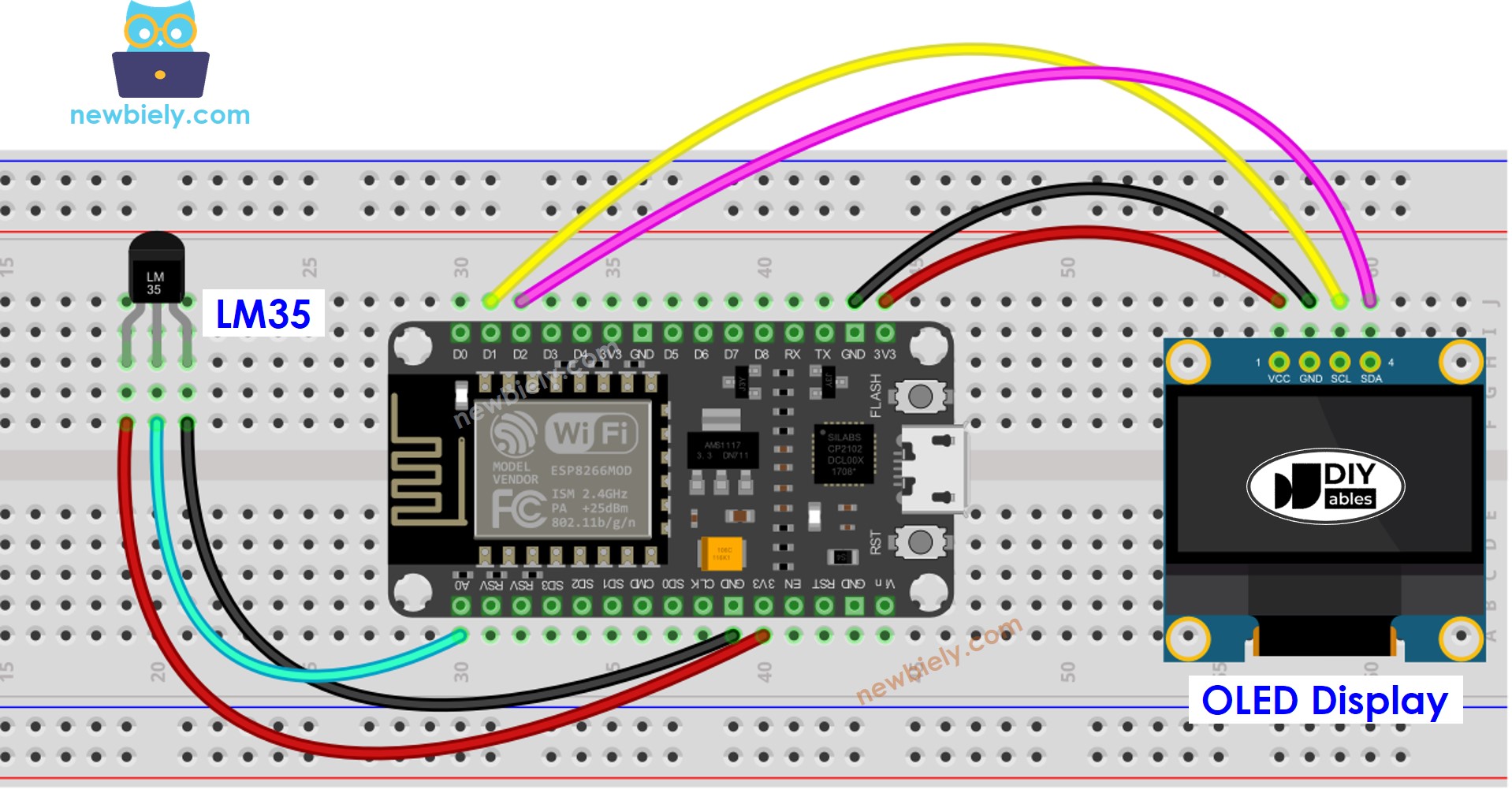 ESP8266 NodeMCU LM35 Temperature Sensor OLED wiring diagram