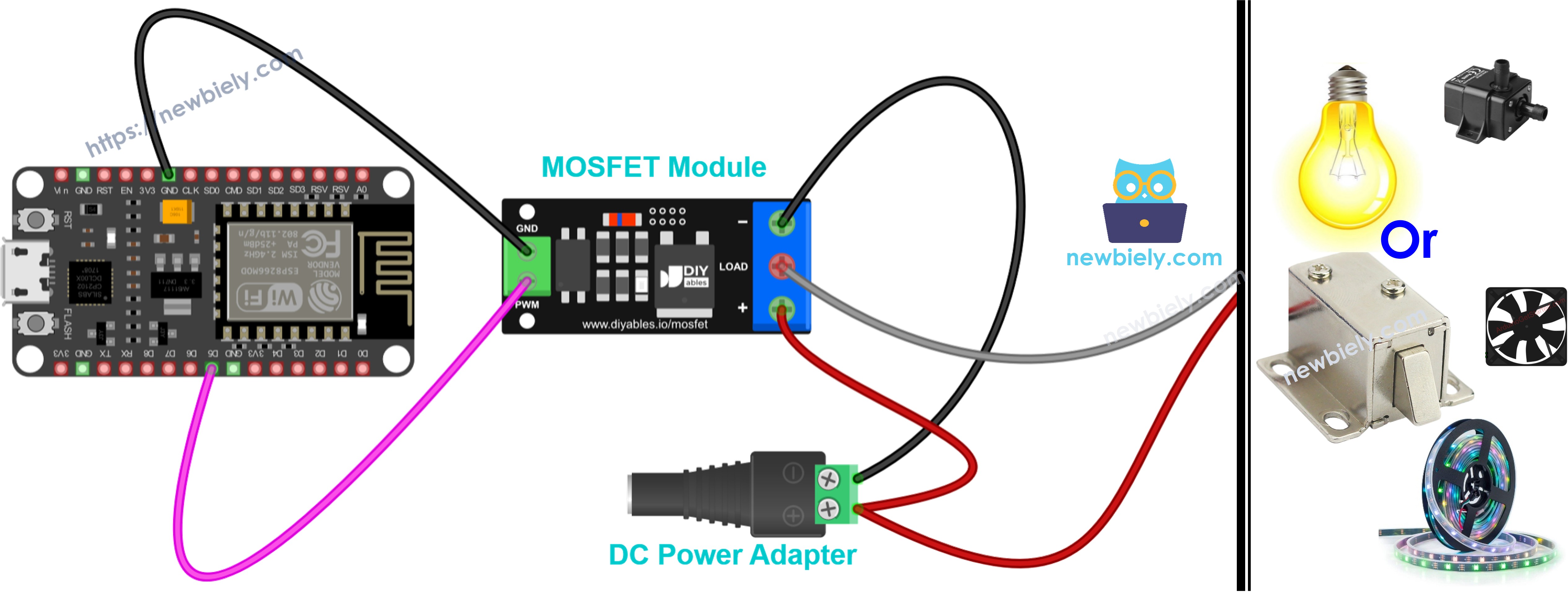 ESP8266 NodeMCU nodemcu와 aod4184, lr7843 또는 fr120n mosfet 모듈 배선도