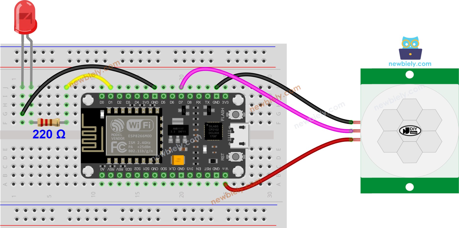 ESP8266 NodeMCU Motion Sensor LED wiring diagram