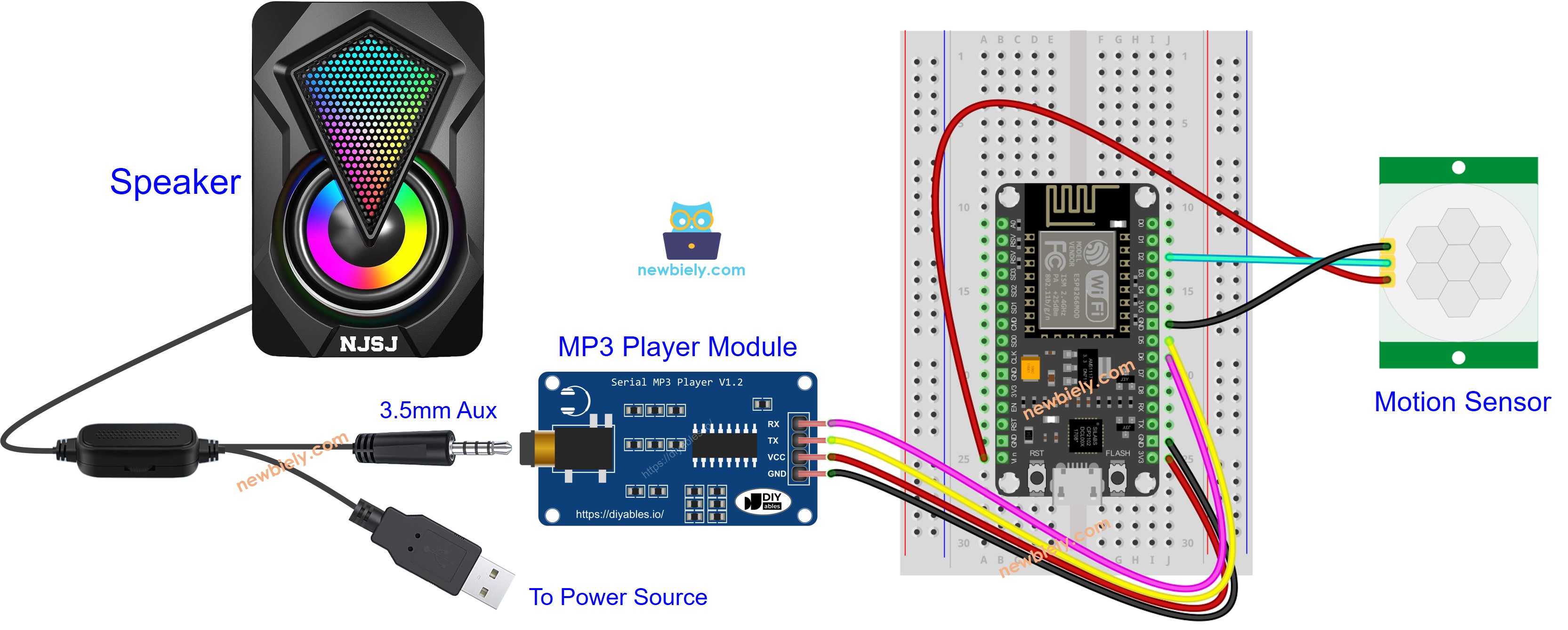 ESP8266 NodeMCU Motion Sensor MP3 Player Wiring Diagram