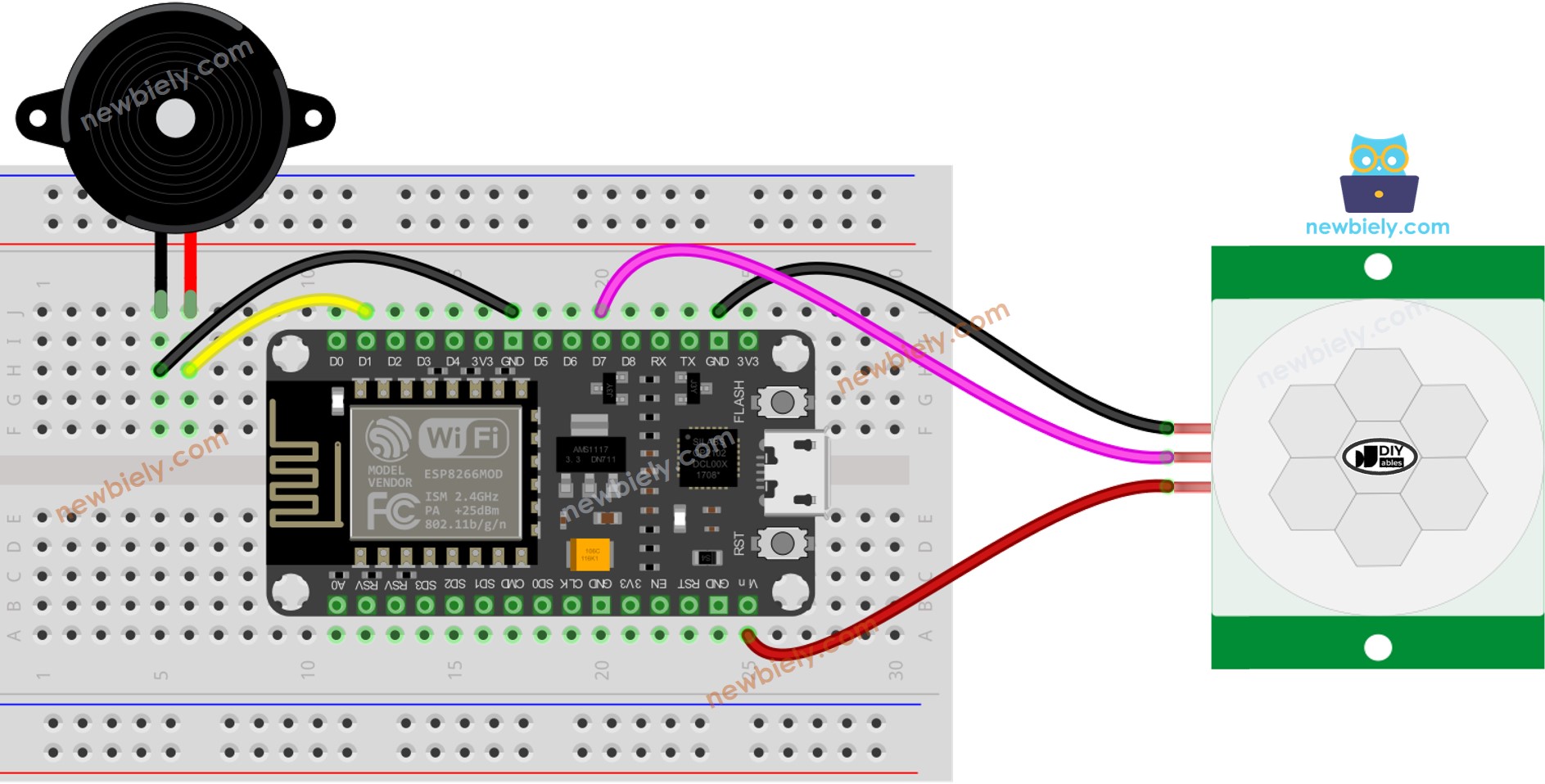 ESP8266 NodeMCU Motion Sensor Piezo Buzzer wiring diagram