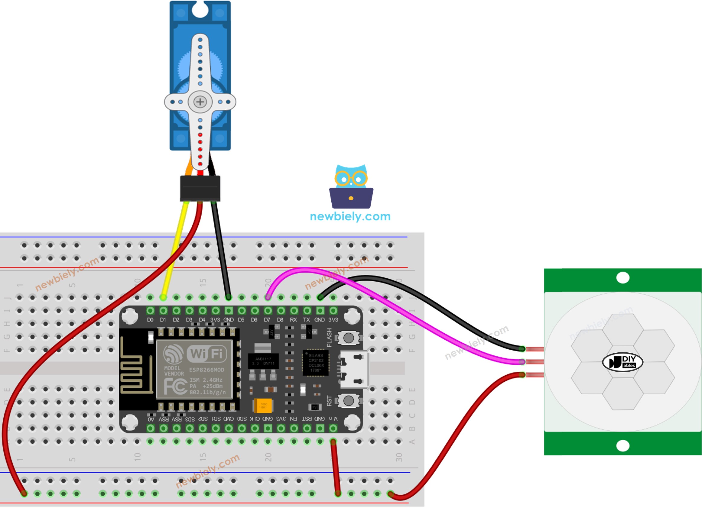 ESP8266 NodeMCU Motion Sensor Servo Motor wiring diagram