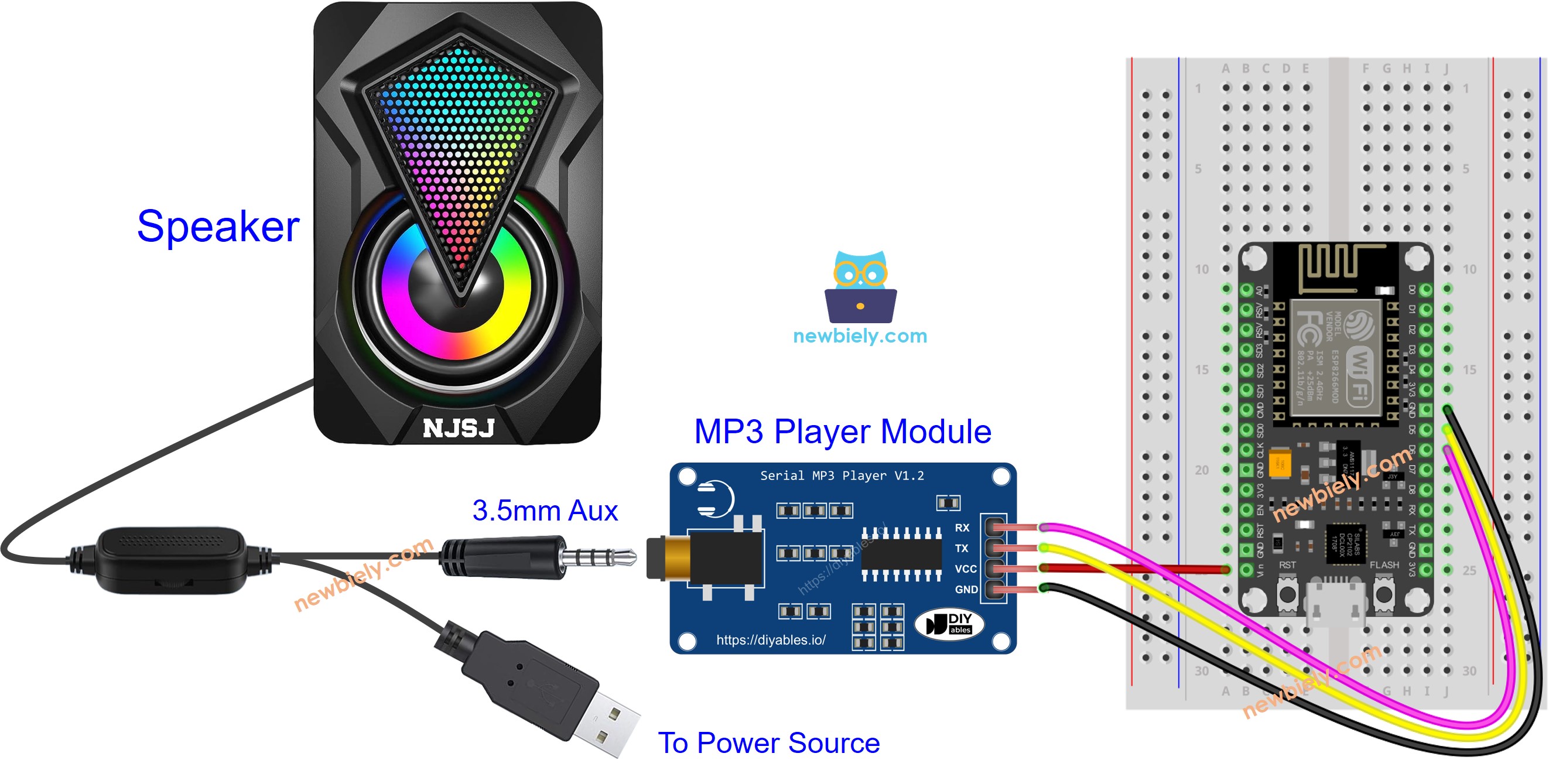 ESP8266 NodeMCU MP3 player module Wiring Diagram